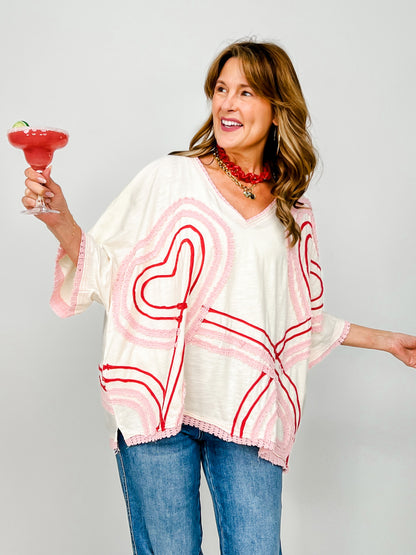 Washed Connective Hearts V-Neck Top