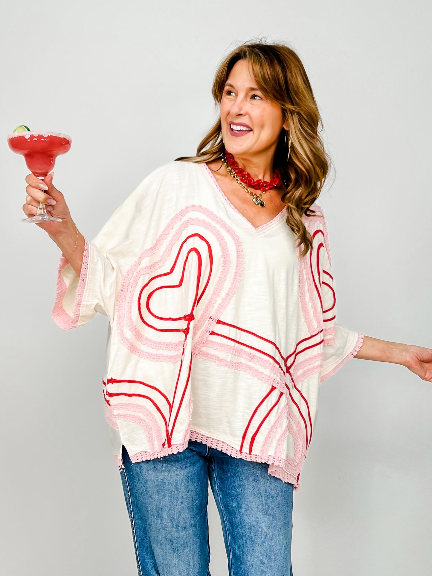 Washed Connective Hearts V-Neck Top