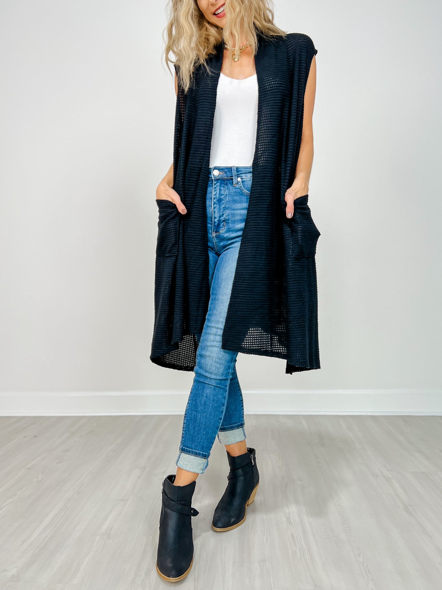 Open Front Crochet Midi Vest in BLACK