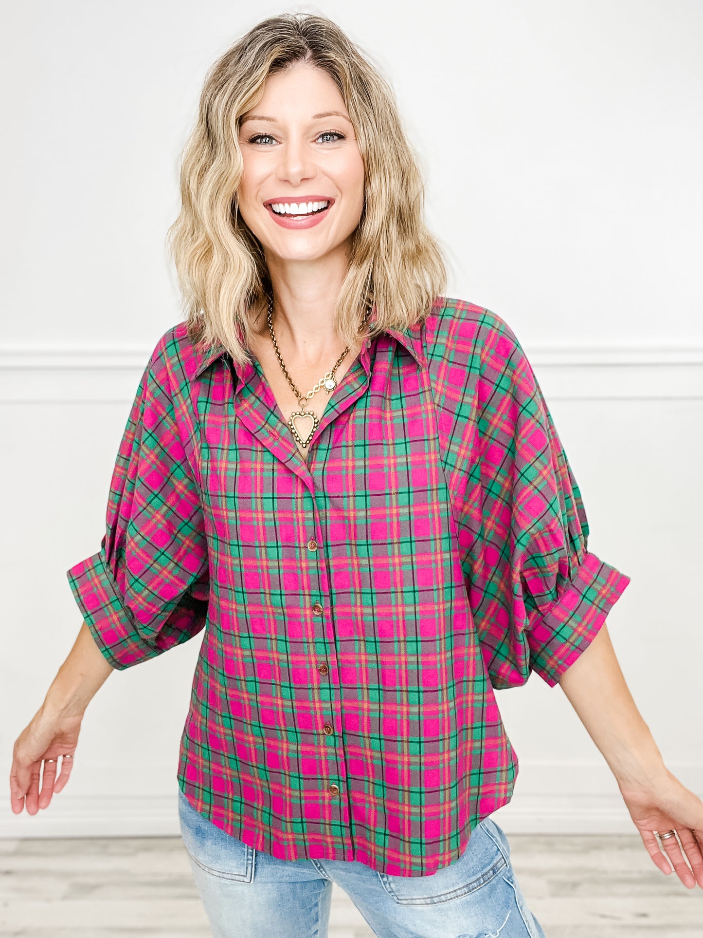 Oversized Plaid Button Down Half Sleeve Collared Top