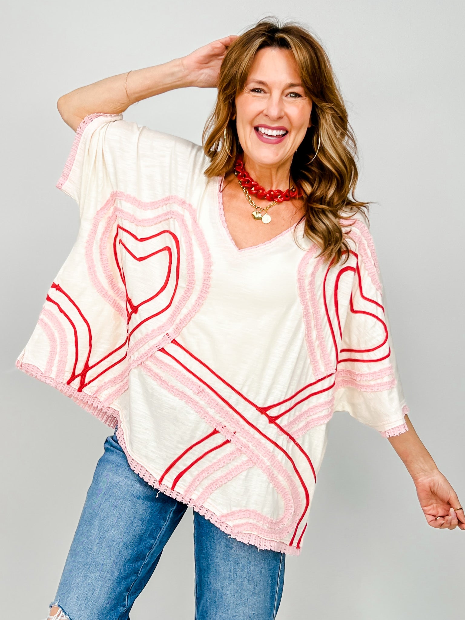 Washed Connective Hearts V-Neck Top