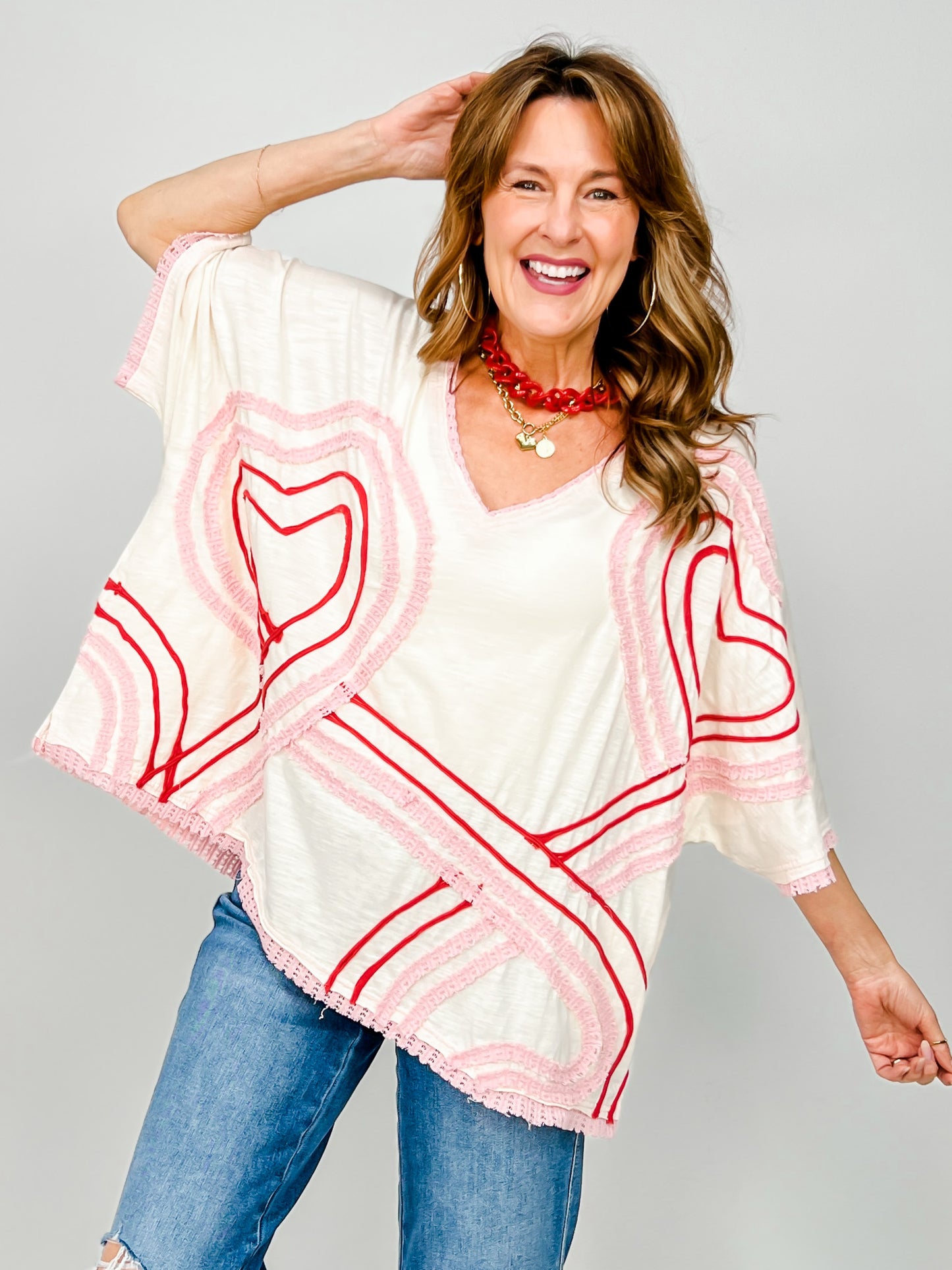 Washed Connective Hearts V-Neck Top