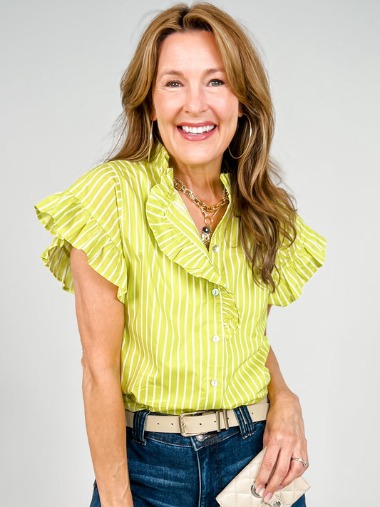 Striped Short Sleeve Top with Ruffle Neckline and Sleeves