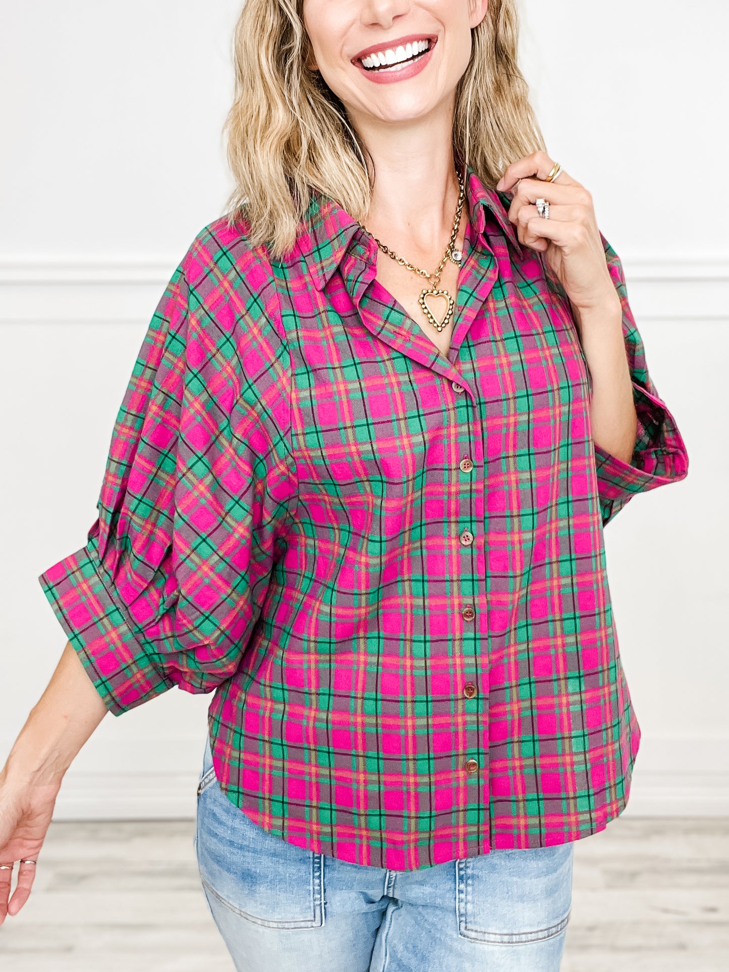 Oversized Plaid Button Down Half Sleeve Collared Top