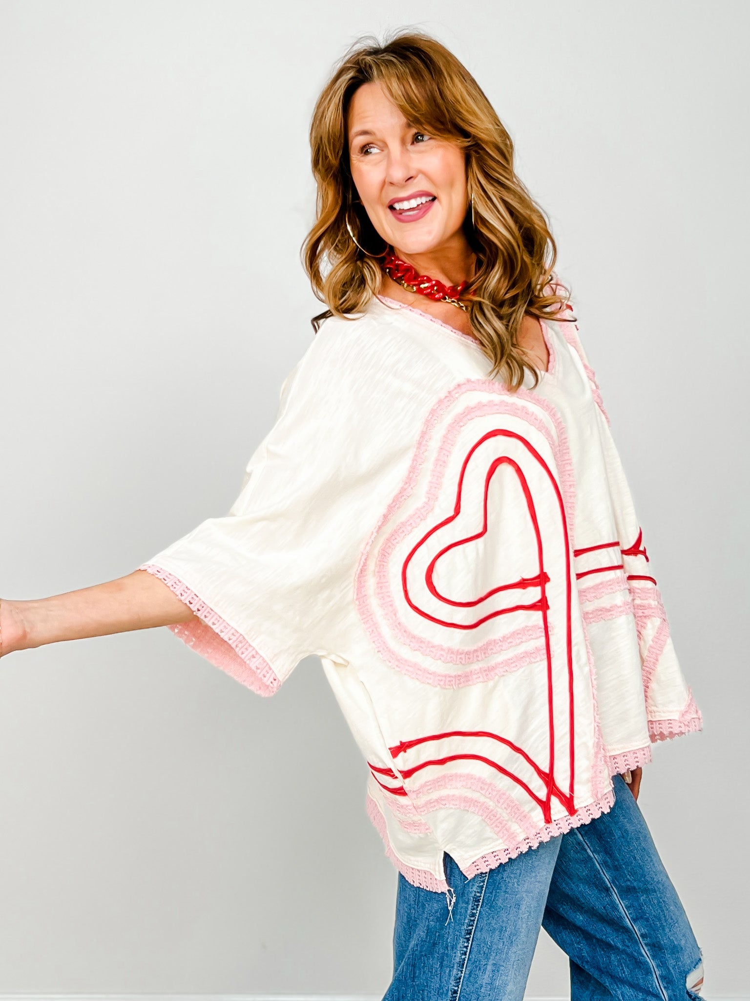 Washed Connective Hearts V-Neck Top