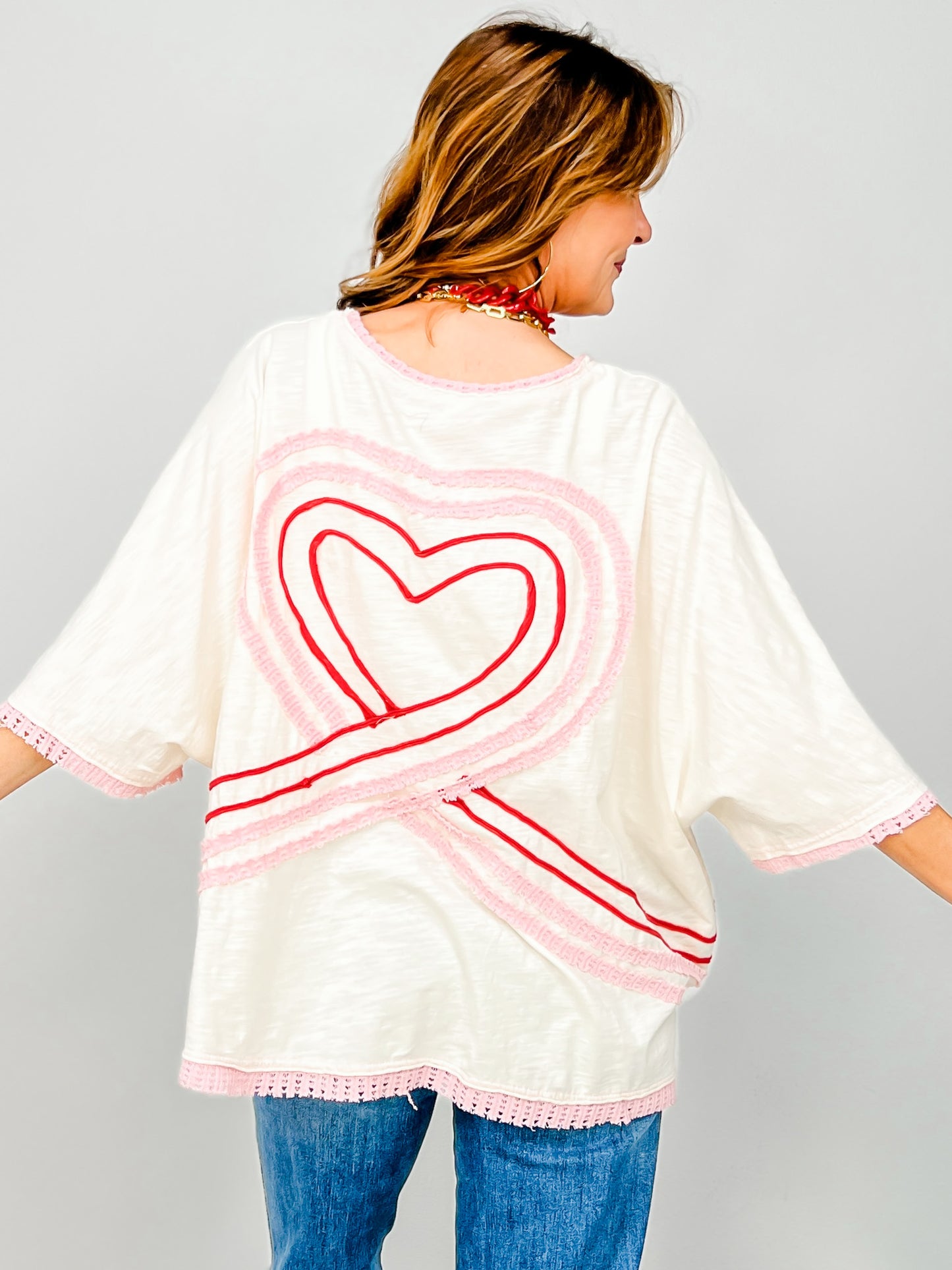 Washed Connective Hearts V-Neck Top