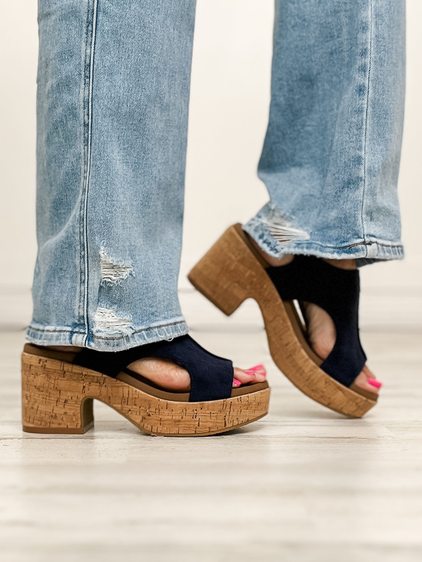 Corkys Miss Carley Block Heel Sandals in Navy Faux Suede