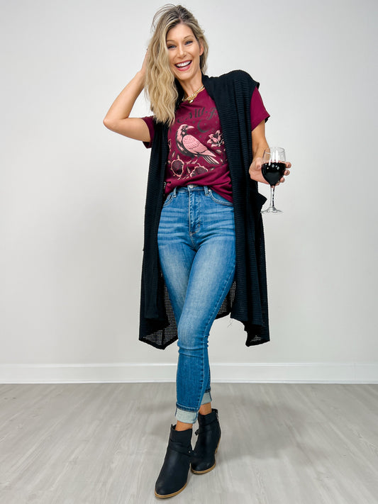 Open Front Crochet Midi Vest in BLACK