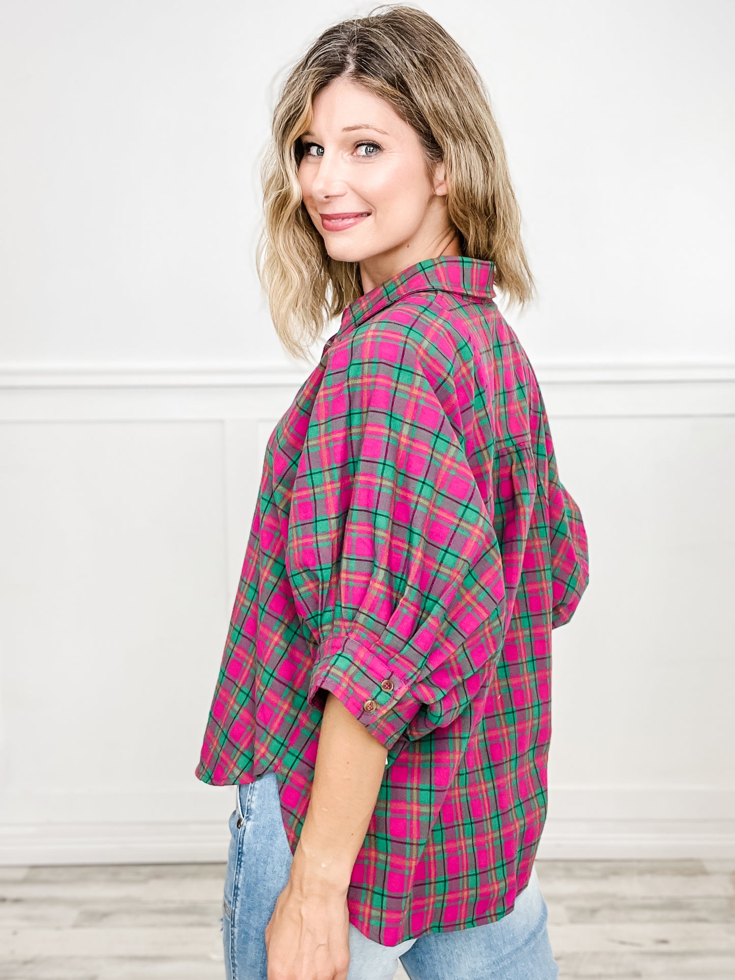 Oversized Plaid Button Down Half Sleeve Collared Top