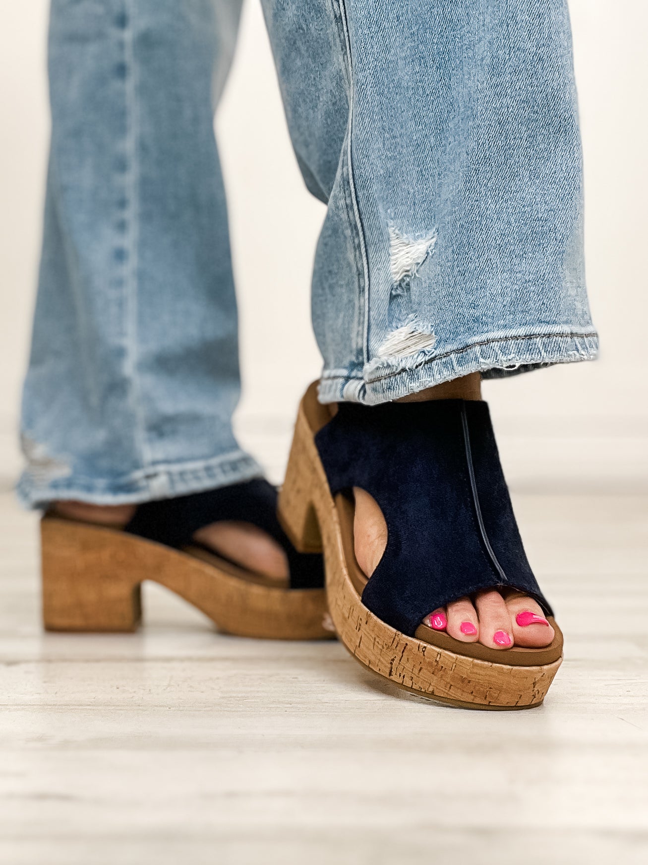 Corkys Miss Carley Block Heel Sandals in Navy Faux Suede