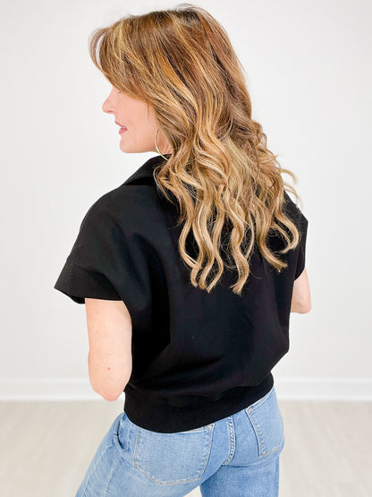 Luxe Knit Collared Pullover Short Sleeve Top with V-Neckline