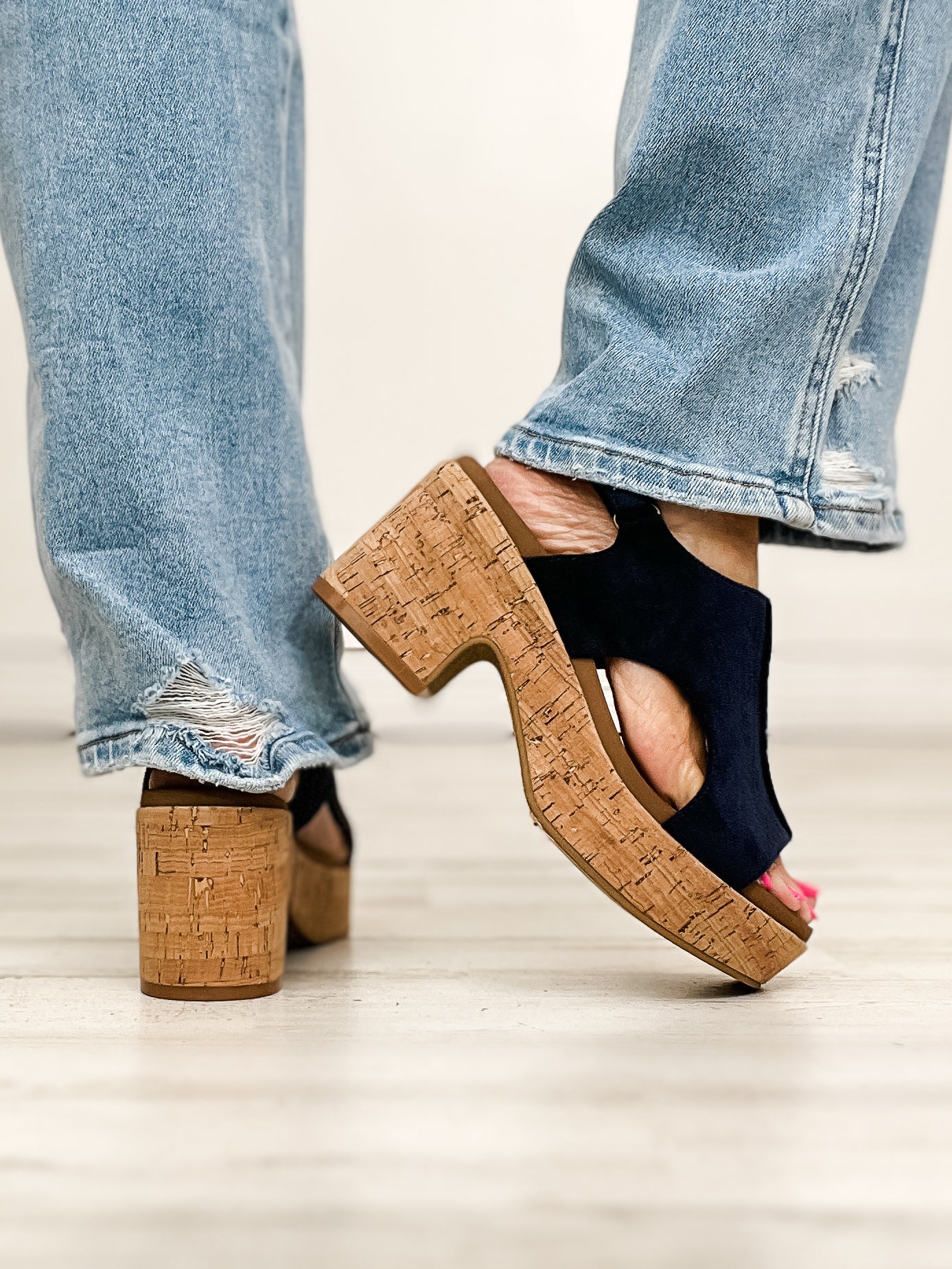 Corkys Miss Carley Block Heel Sandals in Navy Faux Suede