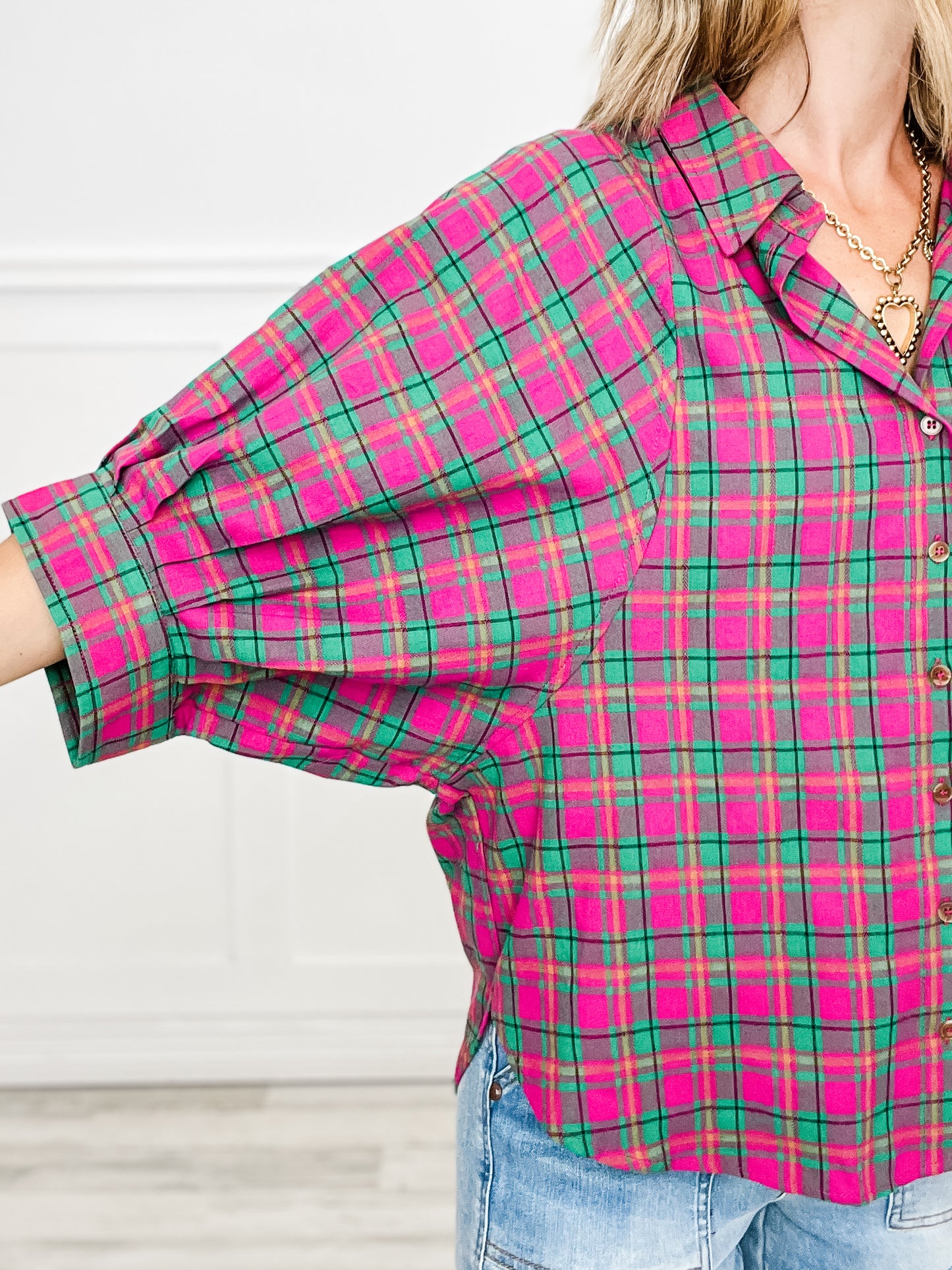 Oversized Plaid Button Down Half Sleeve Collared Top