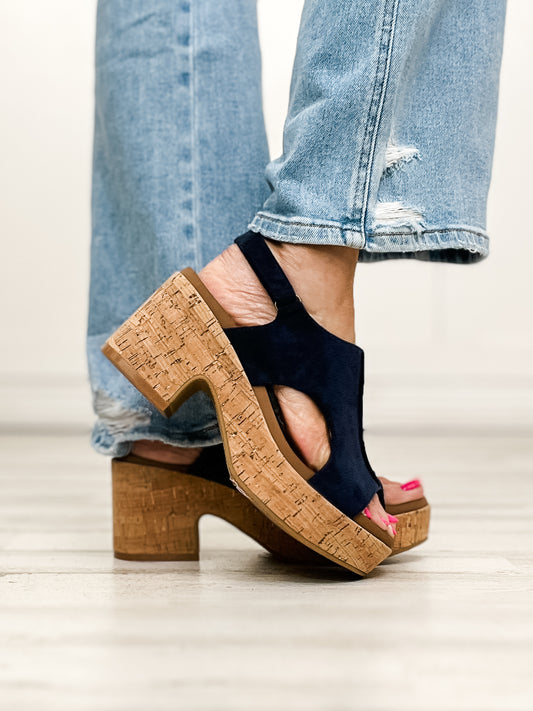 Corkys Miss Carley Block Heel Sandals in Navy Faux Suede