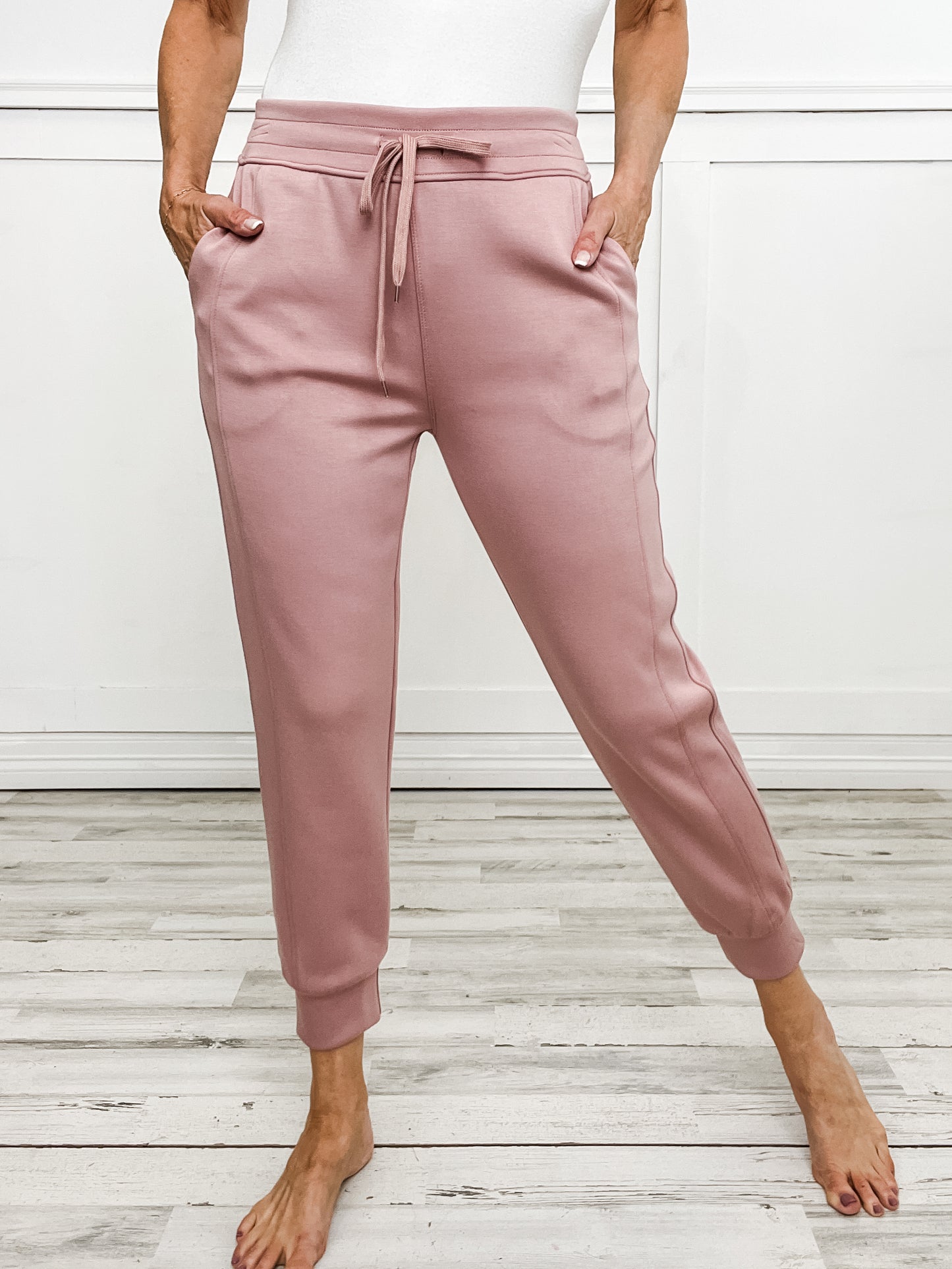 Sporty Chic Long Sleeve Top with Elastic Waist Jogger Set in Blush