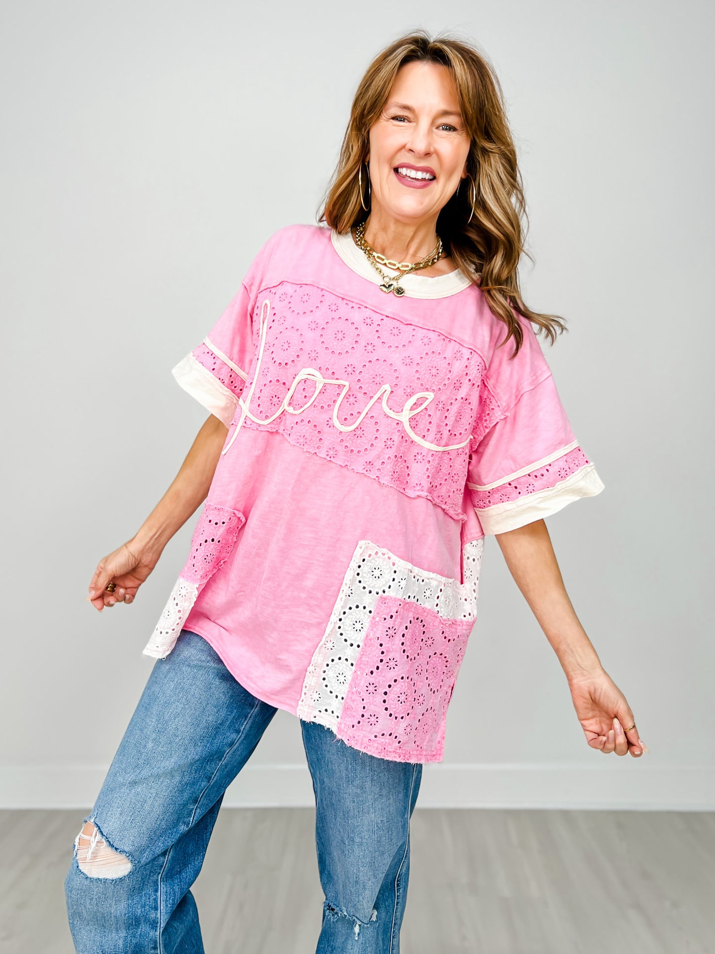 Washed Eyelet Color Block Love Tee Shirt