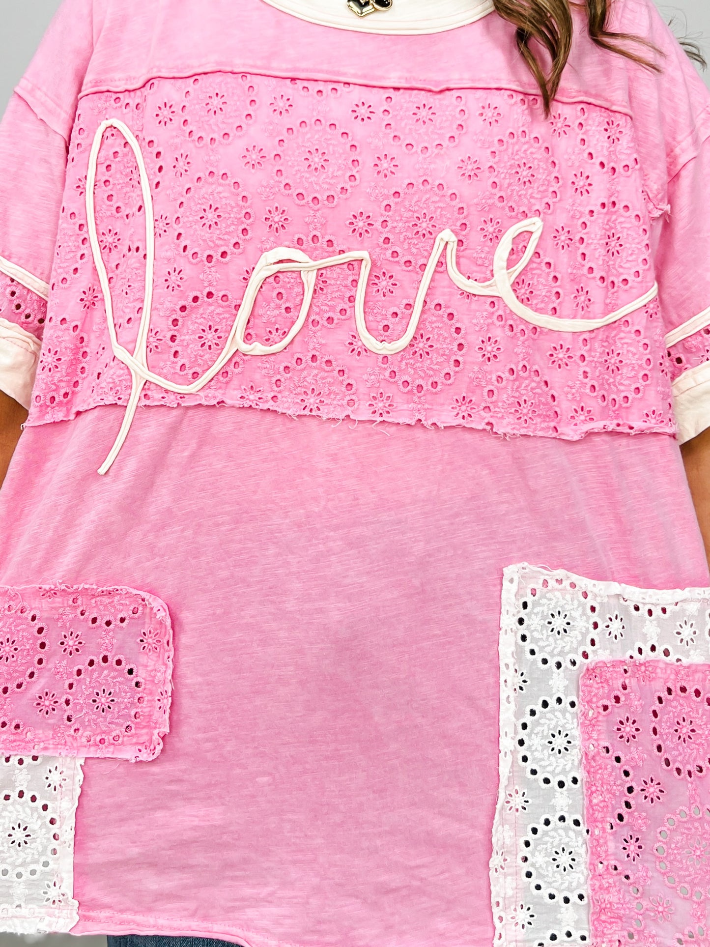 Washed Eyelet Color Block Love Tee Shirt