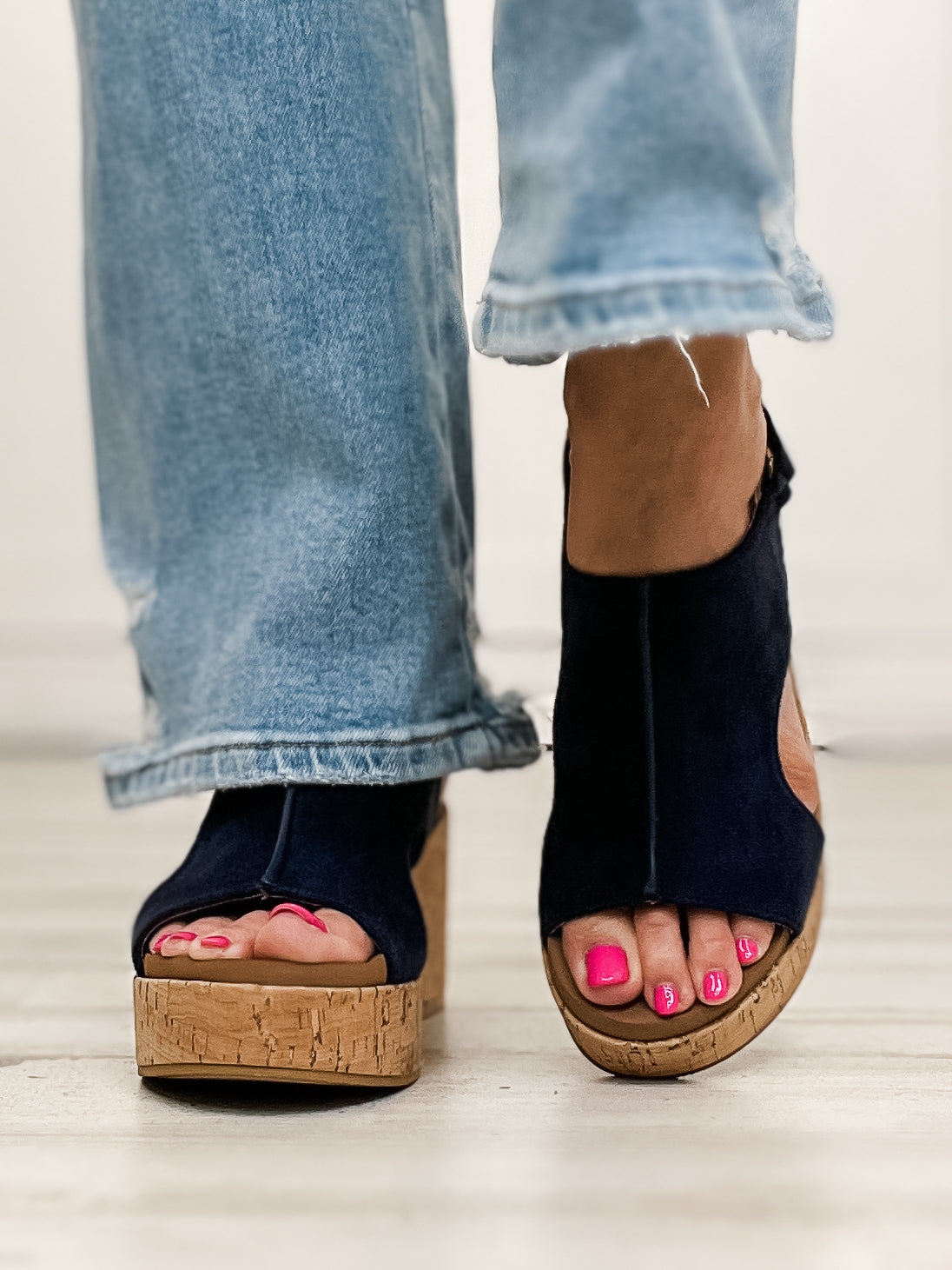 Corkys Miss Carley Block Heel Sandals in Navy Faux Suede