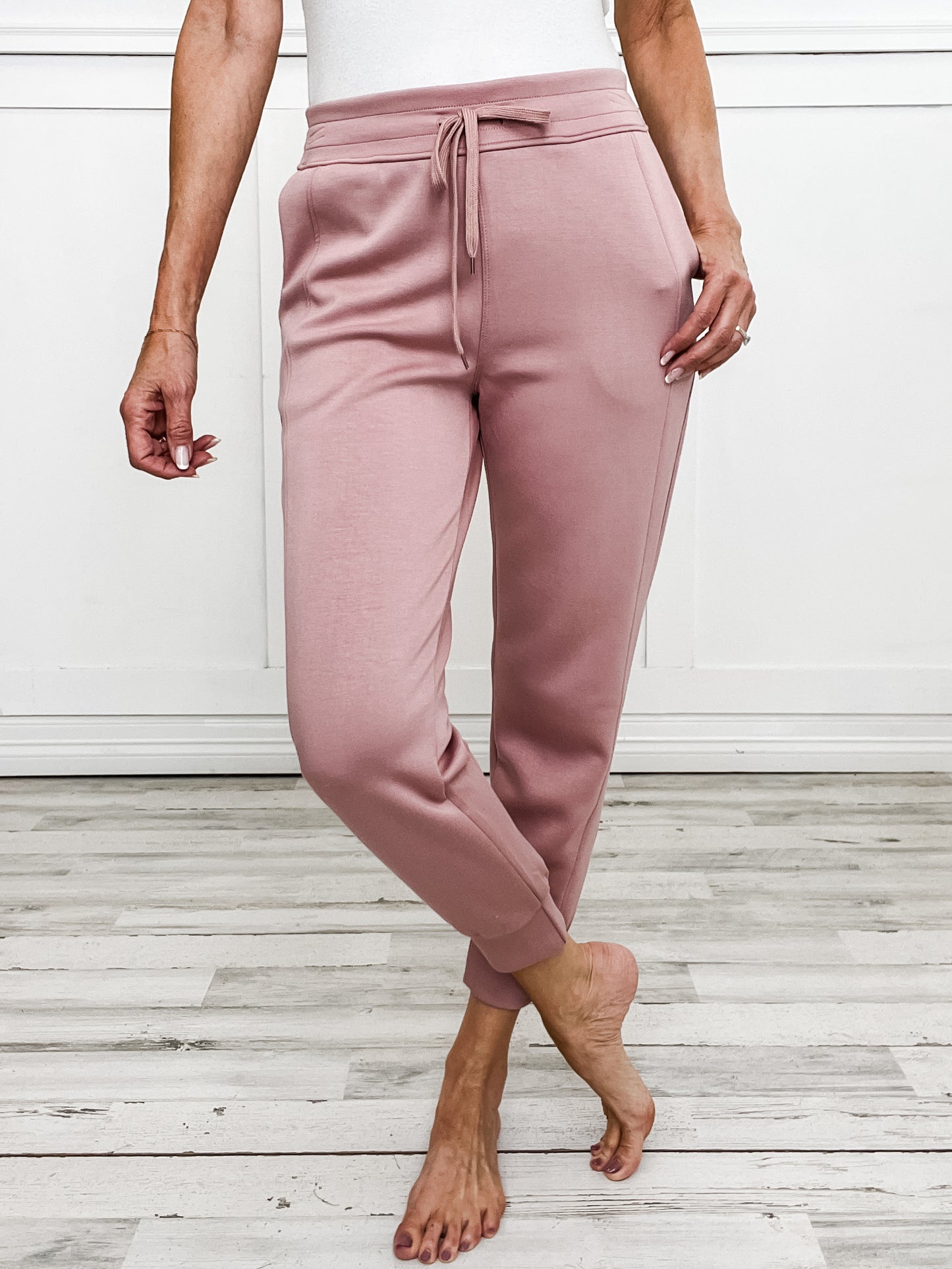 Sporty Chic Long Sleeve Top with Elastic Waist Jogger Set in Blush