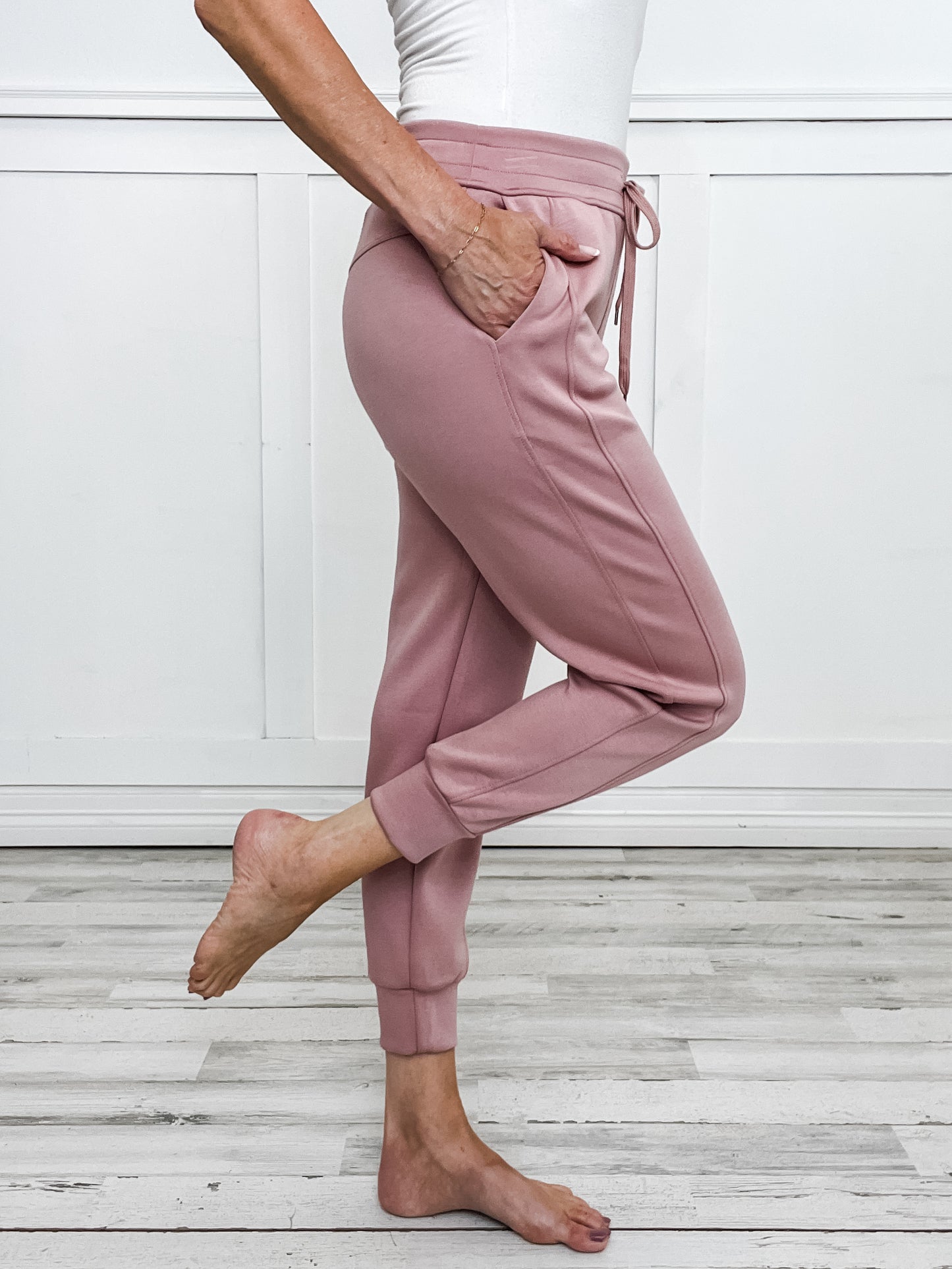 Sporty Chic Long Sleeve Top with Elastic Waist Jogger Set in Blush