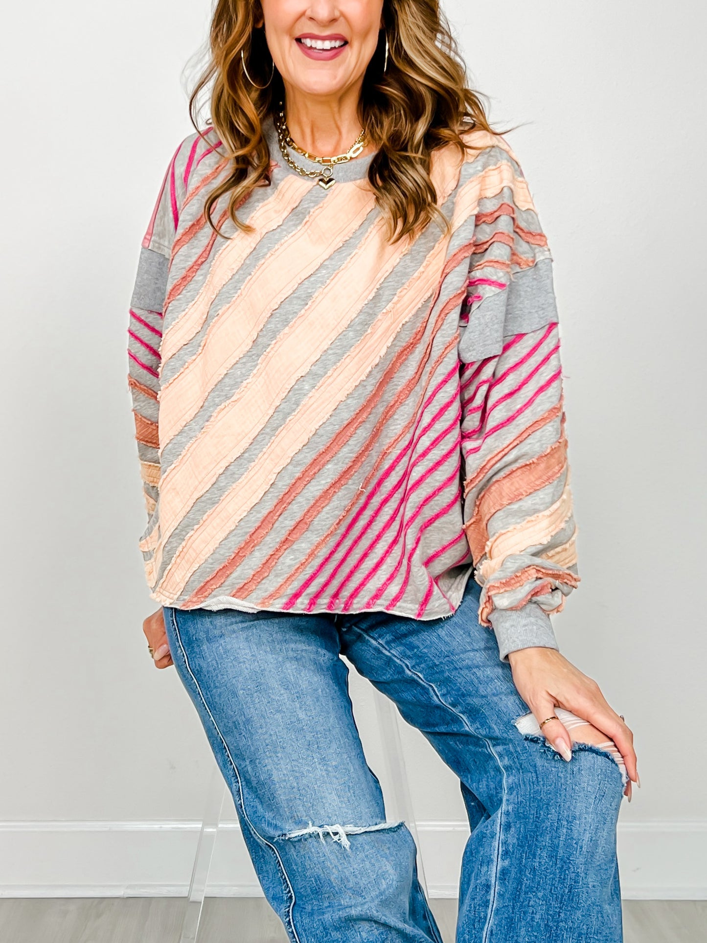 Washed Stripes Detail Raw Edge Pullover Top
