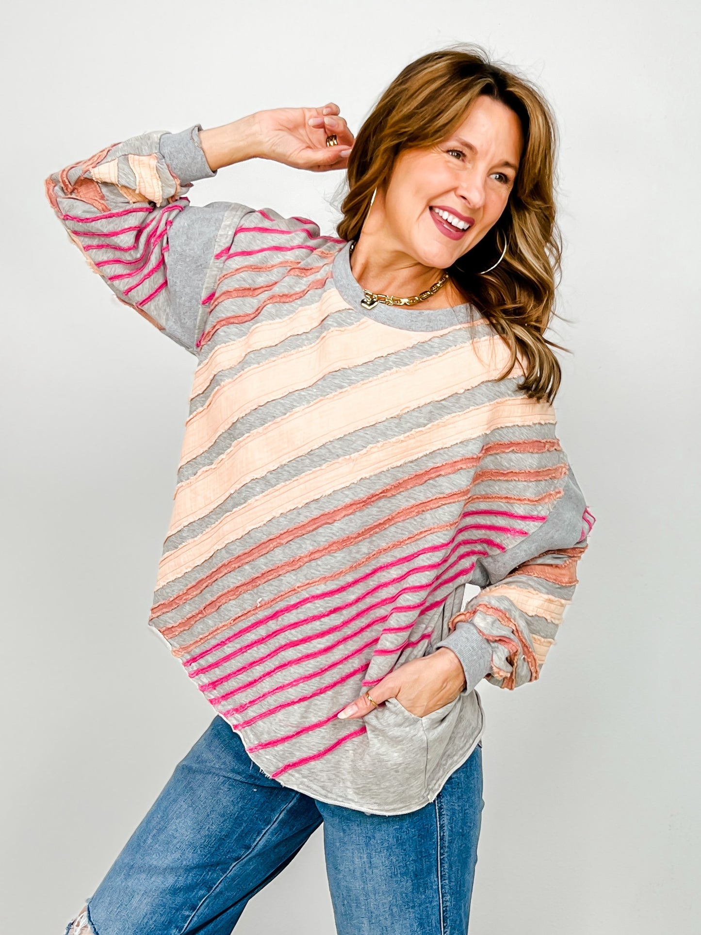 Washed Stripes Detail Raw Edge Pullover Top