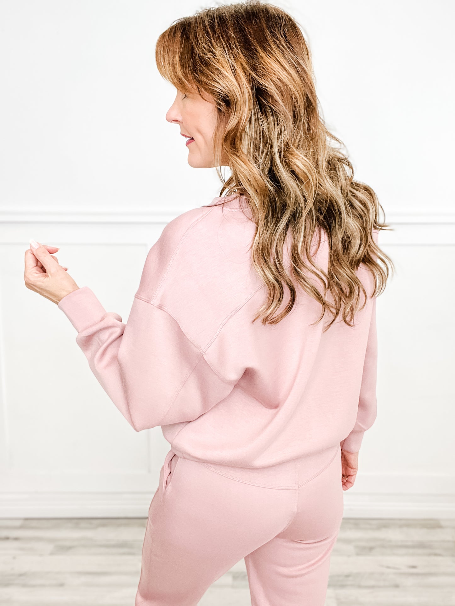 Sporty Chic Long Sleeve Top with Elastic Waist Jogger Set in Blush