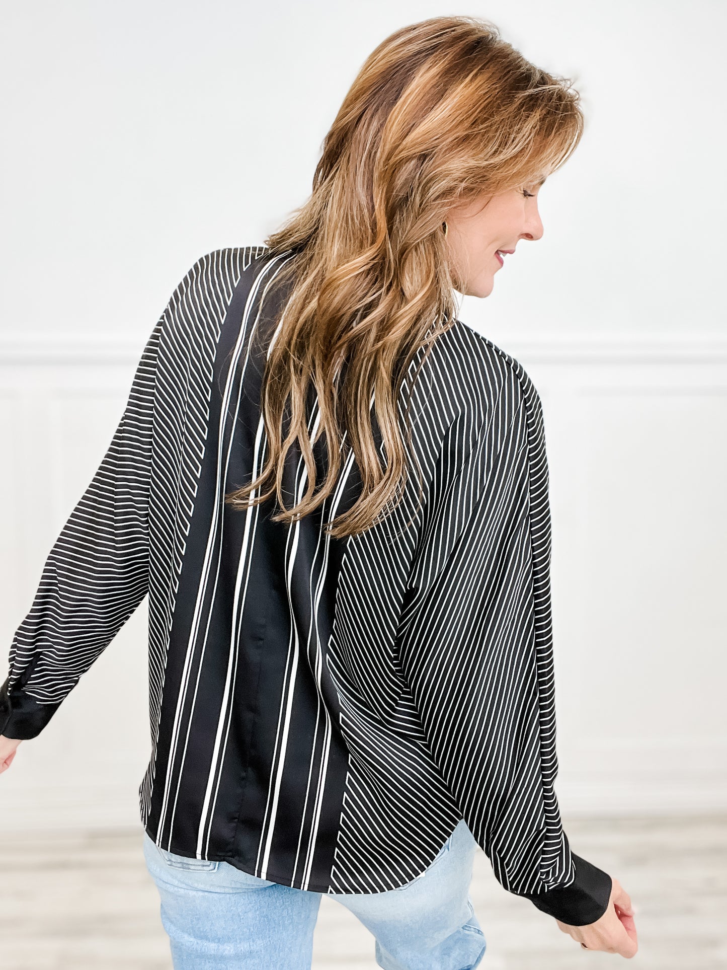 Asymmetrical Long Sleeve Striped Button Down Collared Top