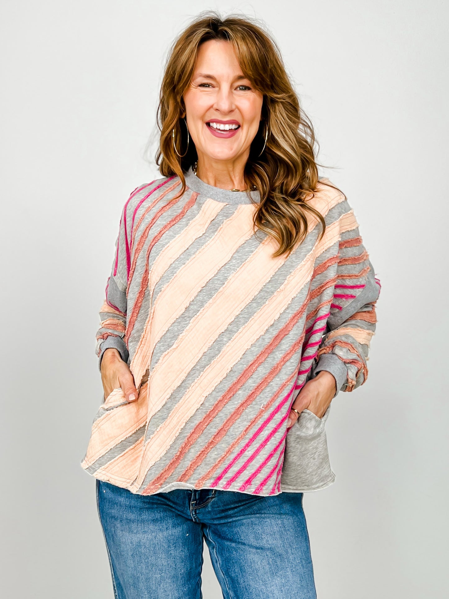 Washed Stripes Detail Raw Edge Pullover Top