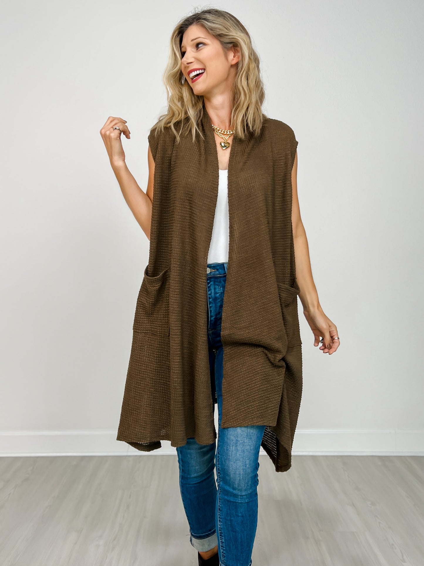 Open Front Crochet Midi Vest in CHOCOLATE