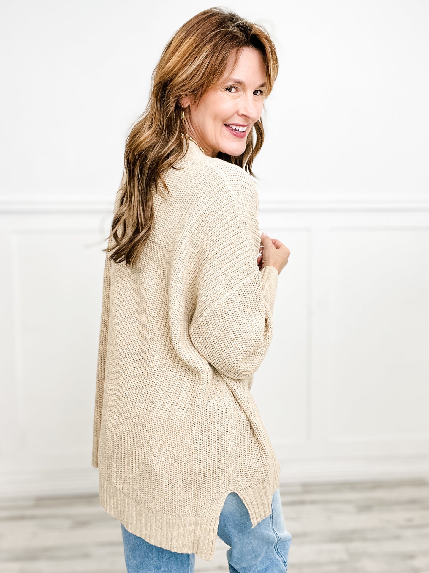 Long Sleeve Henley Knit Sweater Top with Side Slits