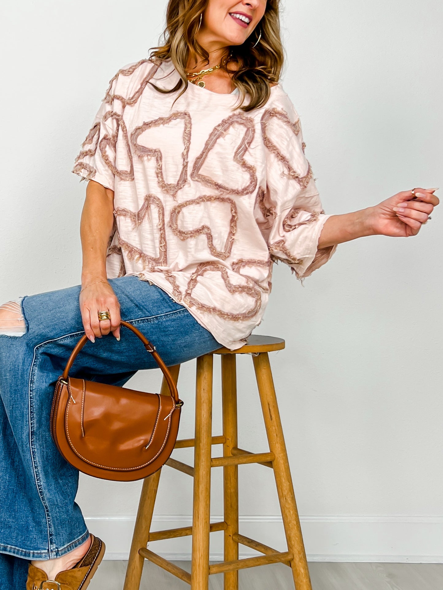 All Over Heart Patchwork Relaxed Casual Top