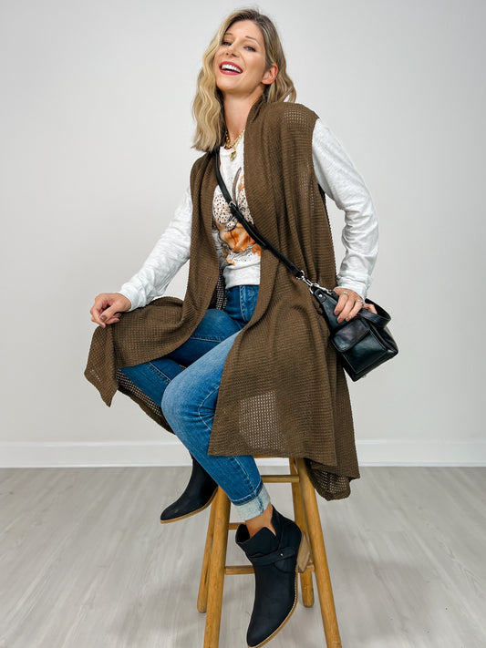 Open Front Crochet Midi Vest in CHOCOLATE
