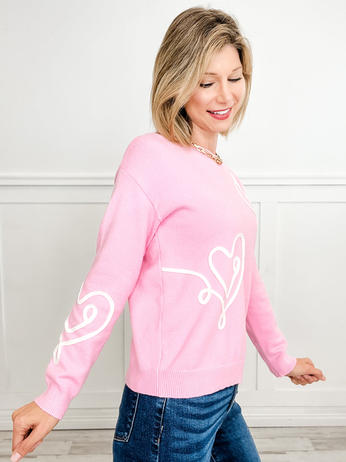 Heart Embroidered Long Sleeve Crew Neck Pullover Sweater