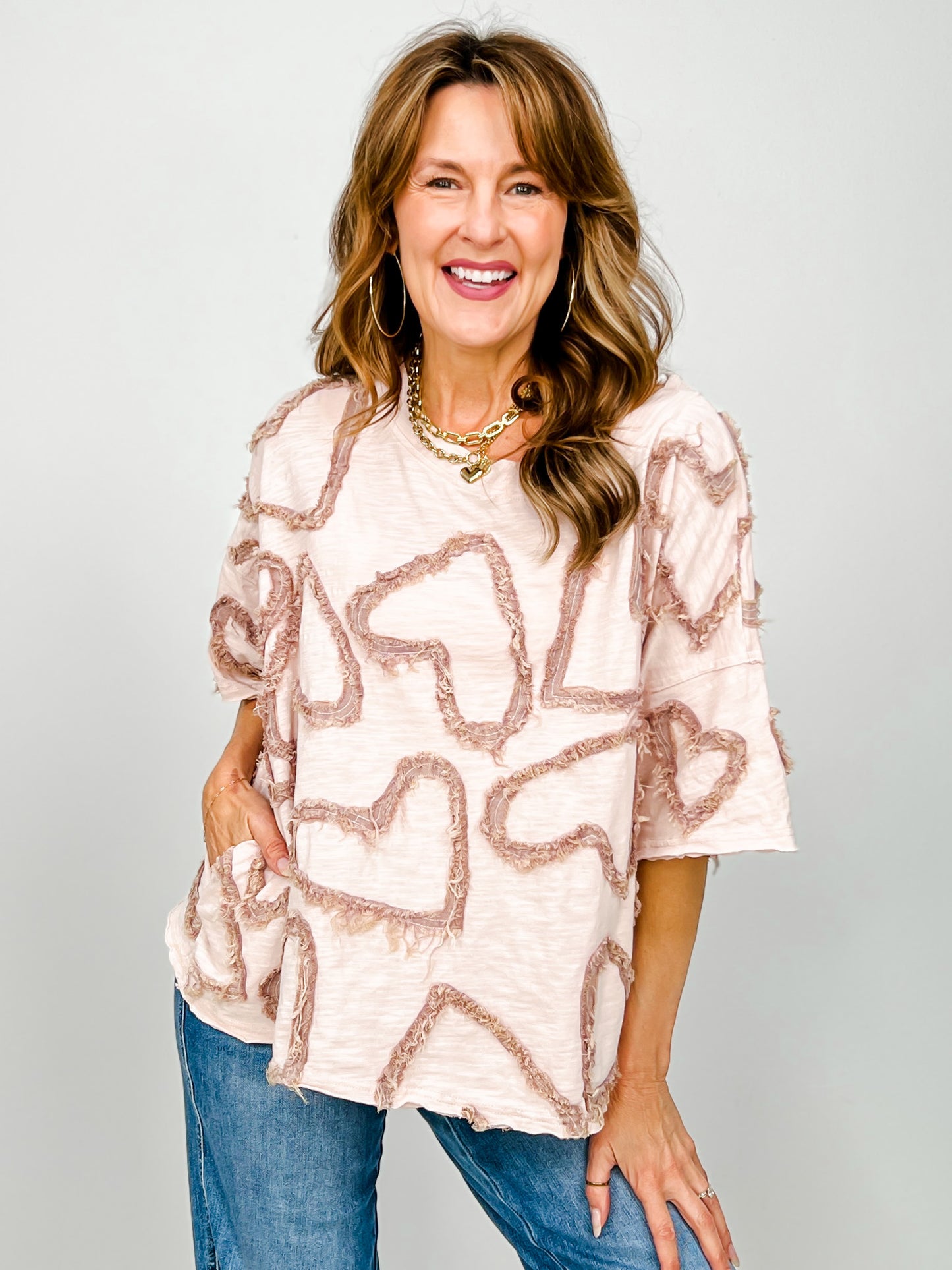 All Over Heart Patchwork Relaxed Casual Top