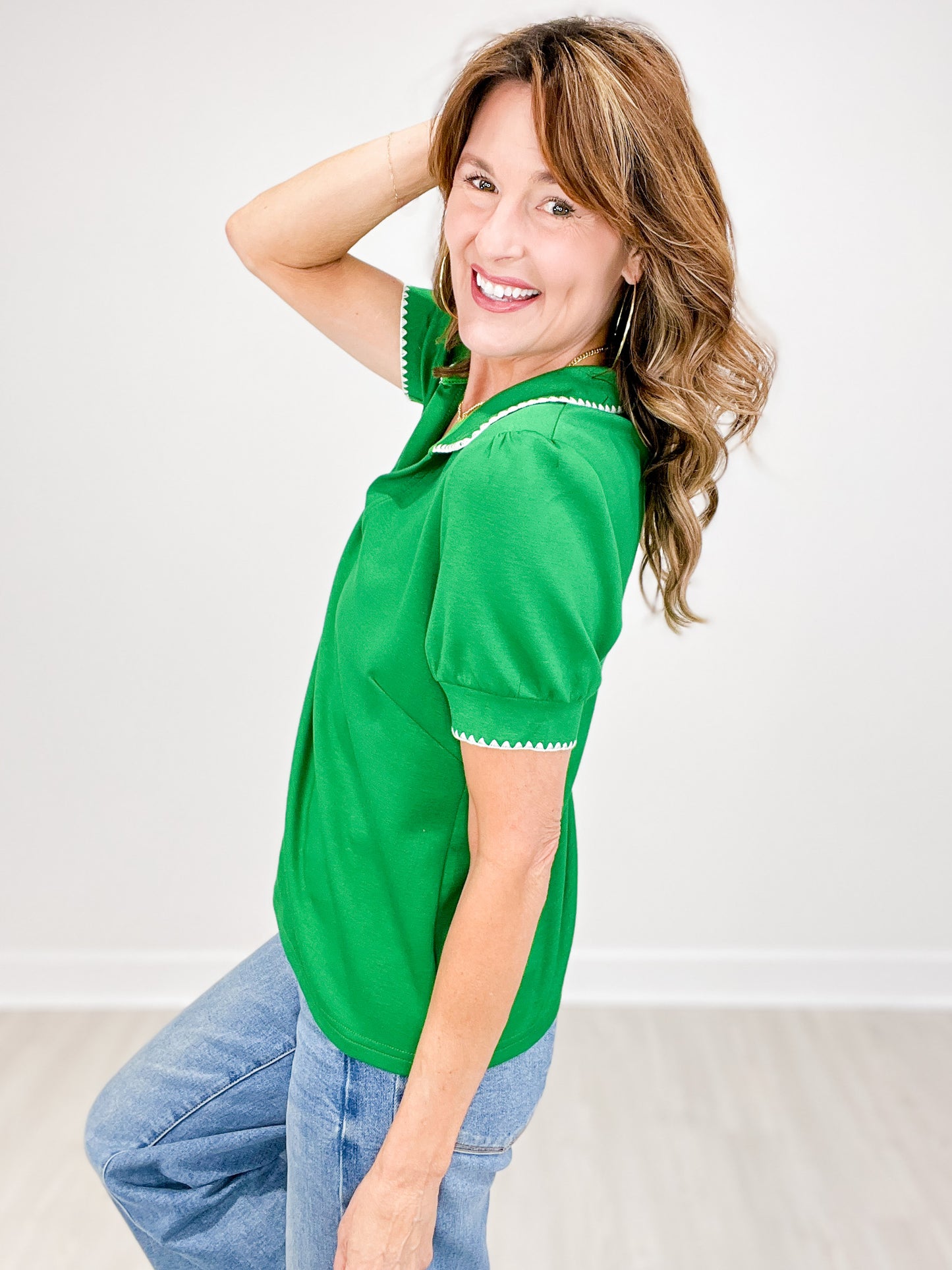 Contrast-Trim Polo Top with V-Neckline and Short Puff Sleeves