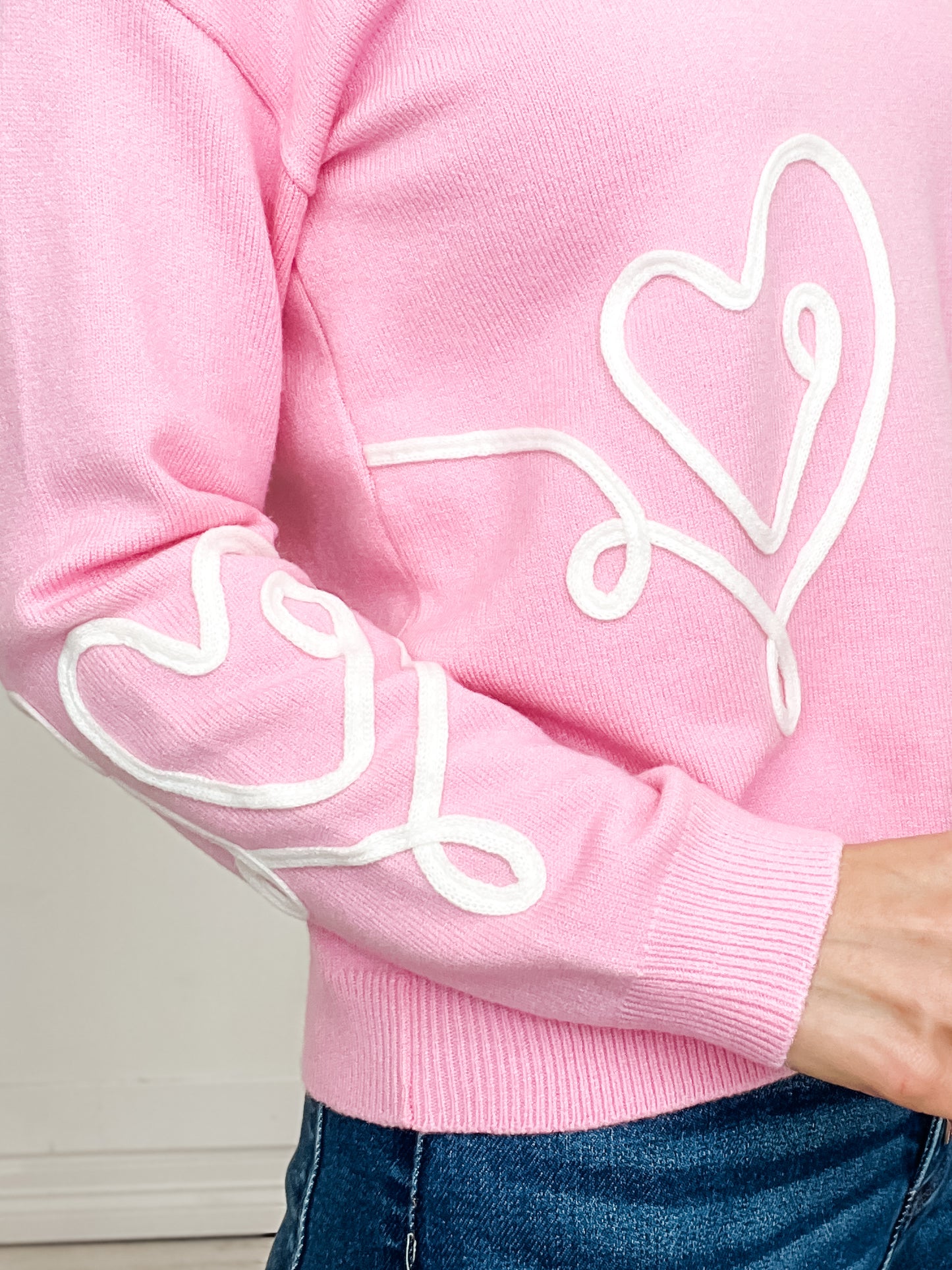 Heart Embroidered Long Sleeve Crew Neck Pullover Sweater