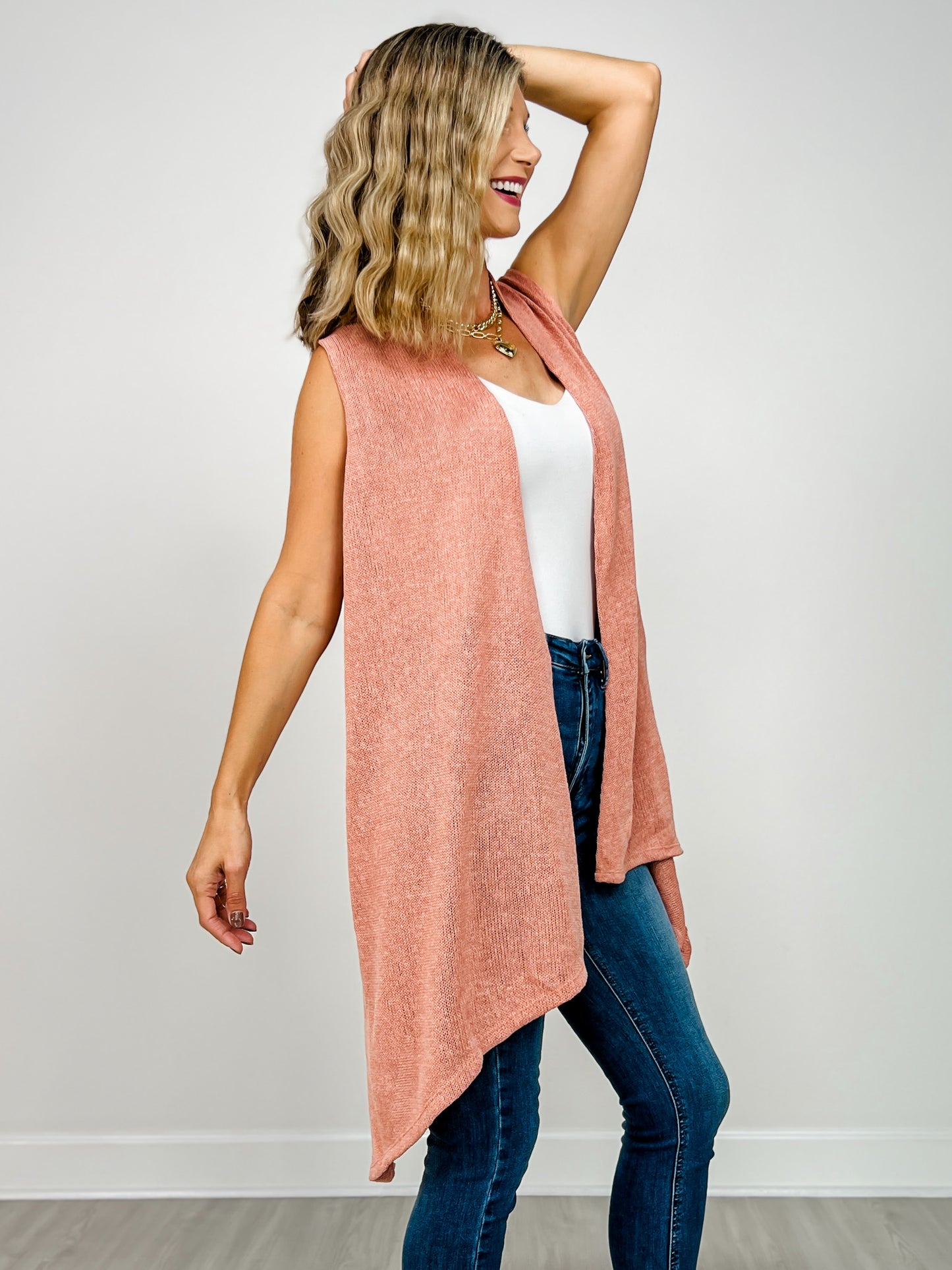 Frtont Drape Open Front Sleeveless Knit Vest in CASHMERE ROSE