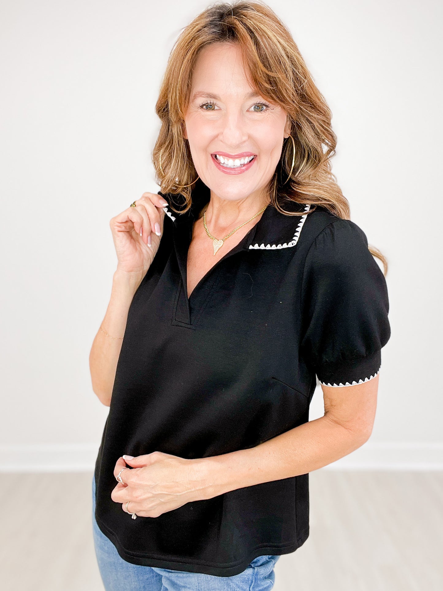 Contrast-Trim Polo Top with V-Neckline and Short Puff Sleeves