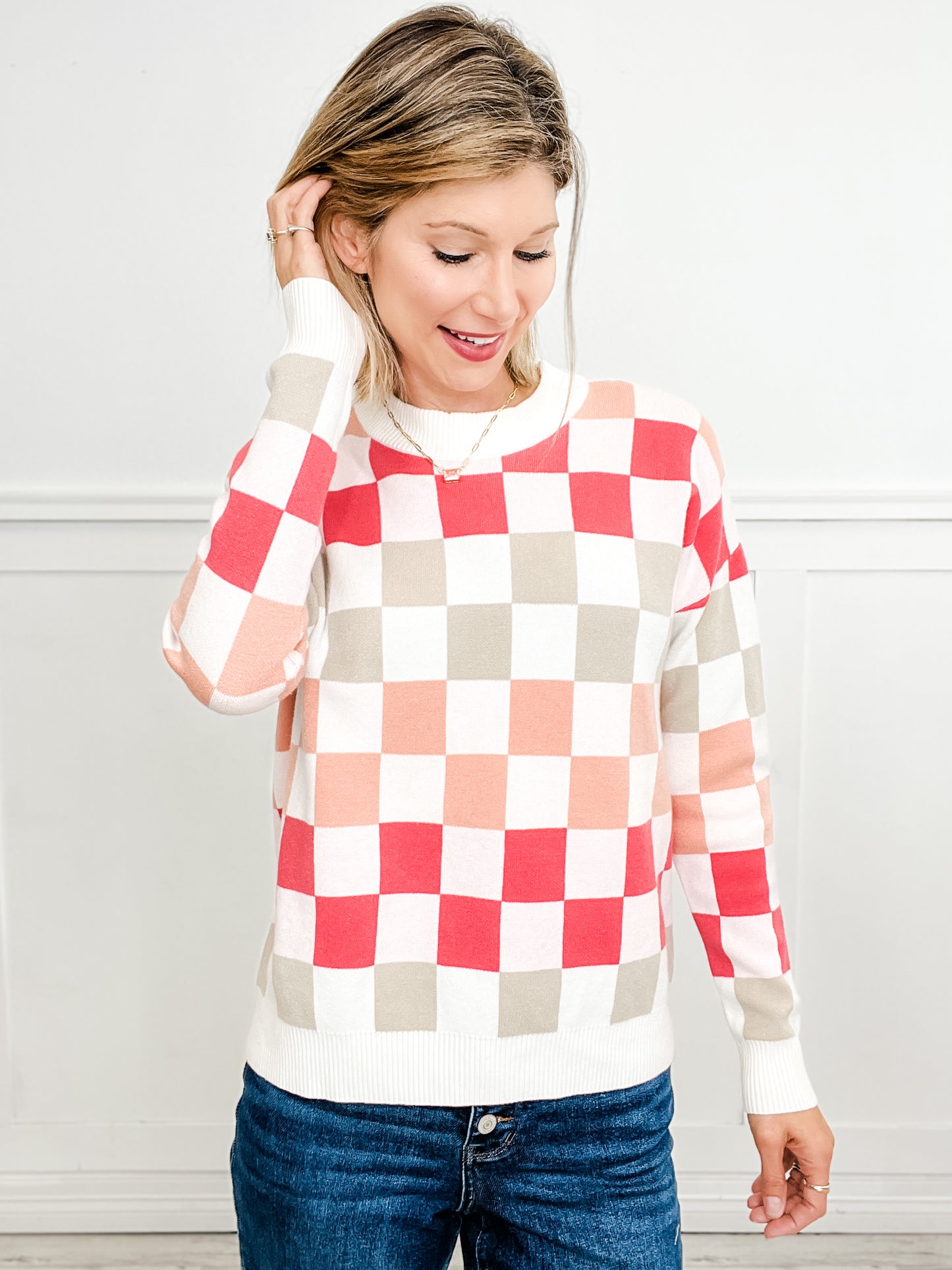 Checkboard Multi Color Crewneck Pullover Sweater