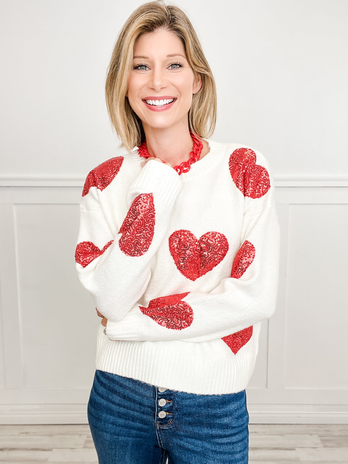 SEQUIN HEART PATCHES VALENTINE SWEATER