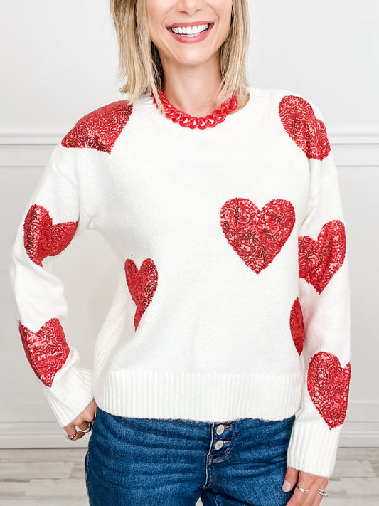 SEQUIN HEART PATCHES VALENTINE SWEATER