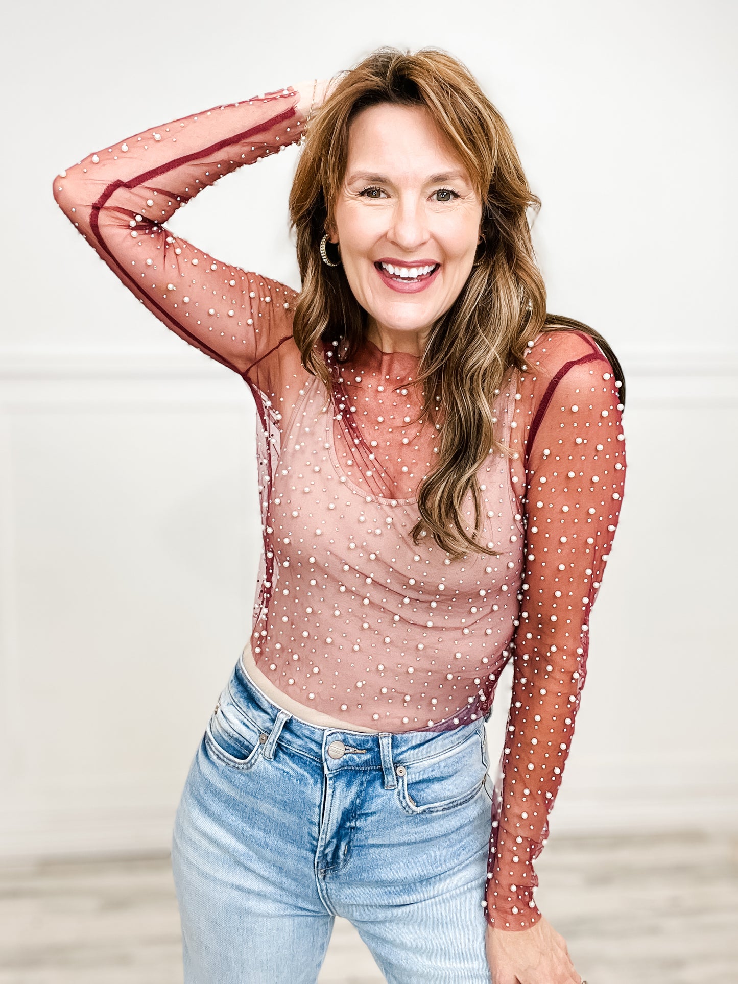 Hello It's Me Pearl Beaded Mesh Top - Group B