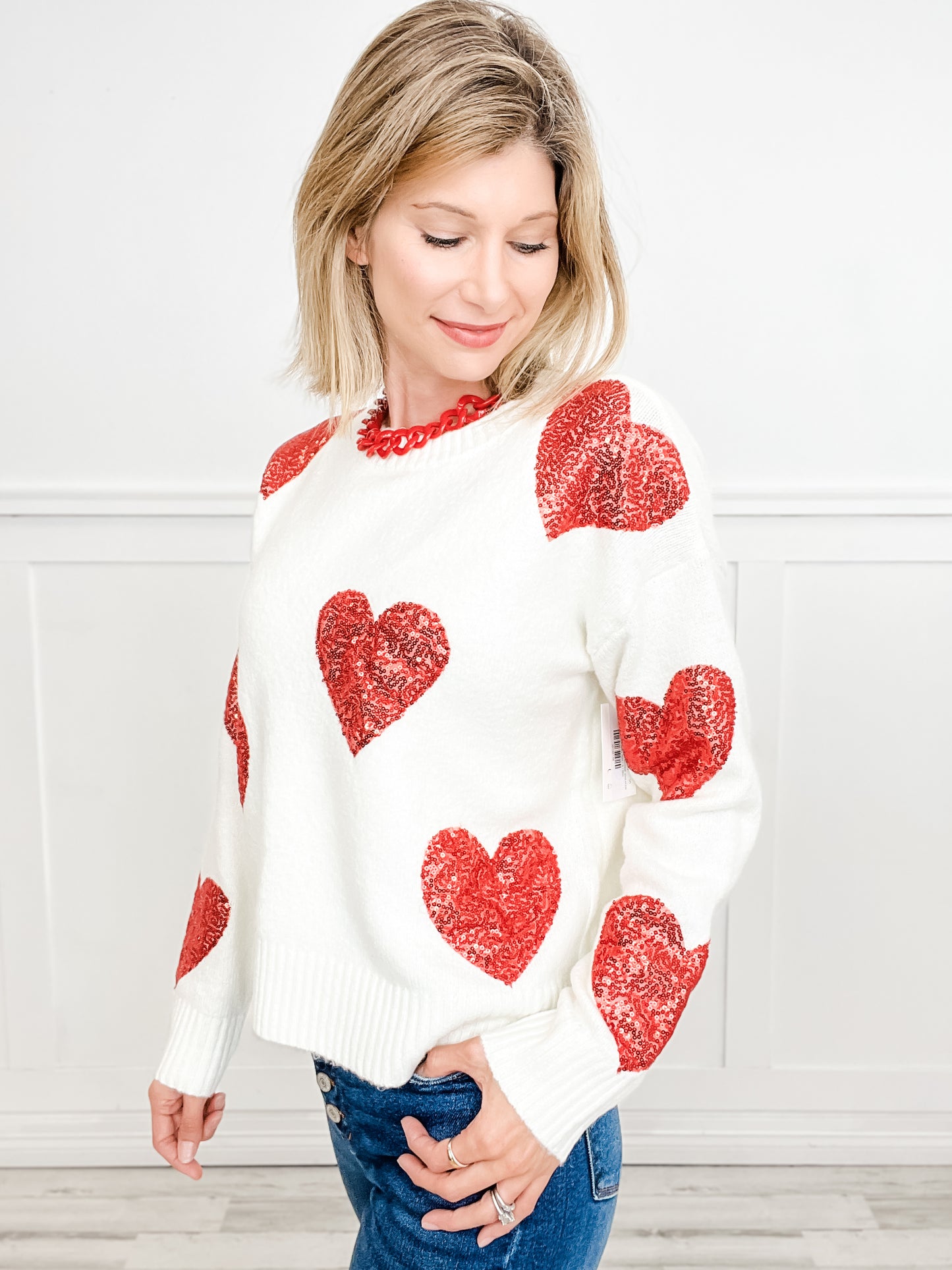 SEQUIN HEART PATCHES VALENTINE SWEATER