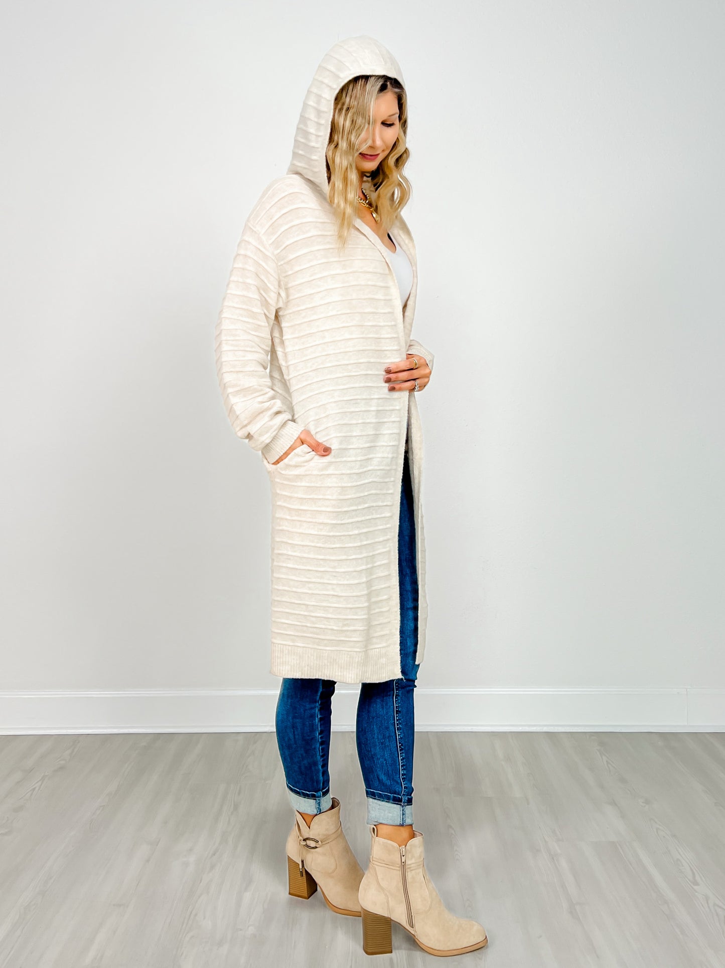 Long Sleeve Solid Knit Hooded Cardigan