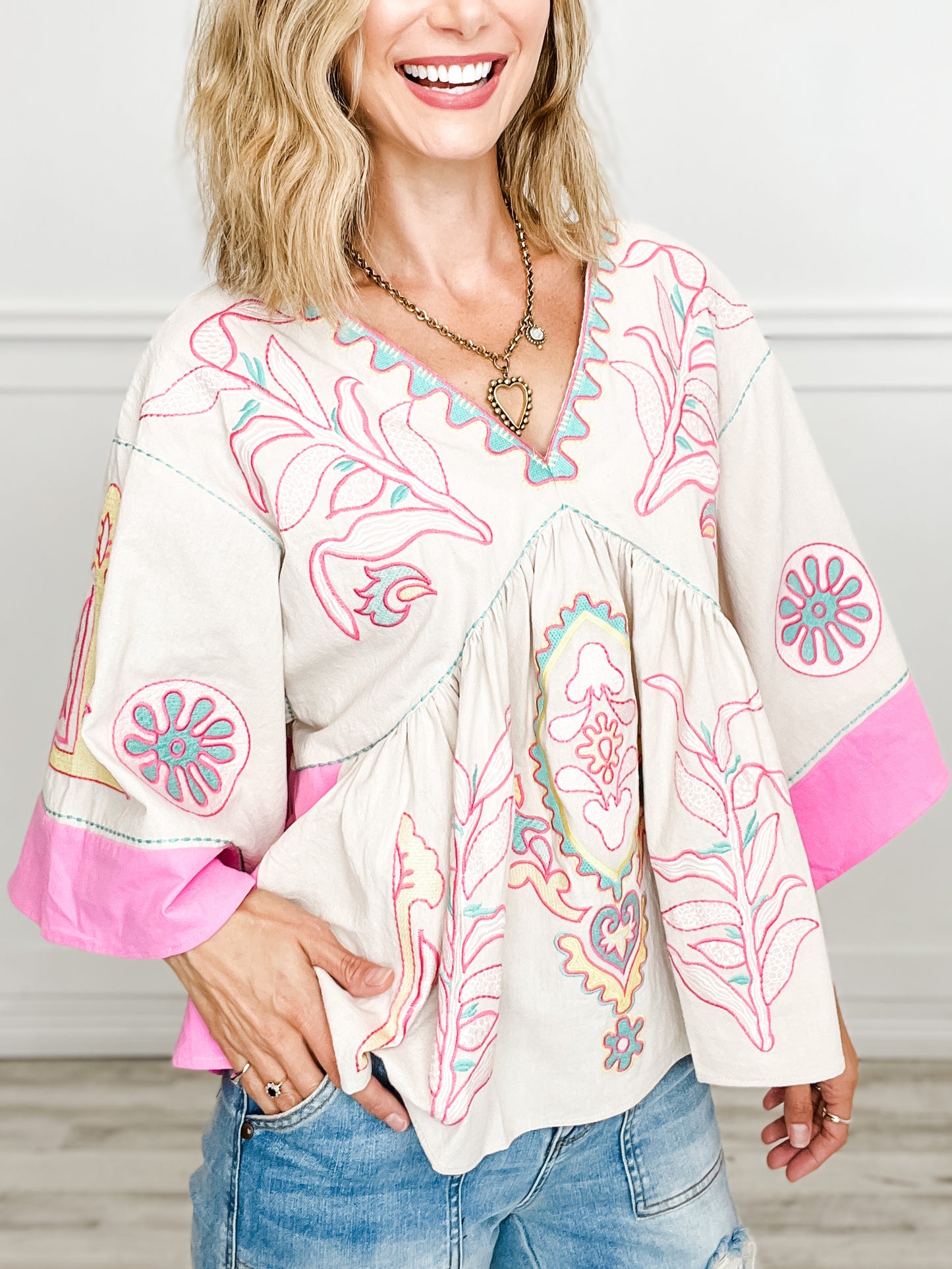 Floral Embroidered Dolman V-Neck Top