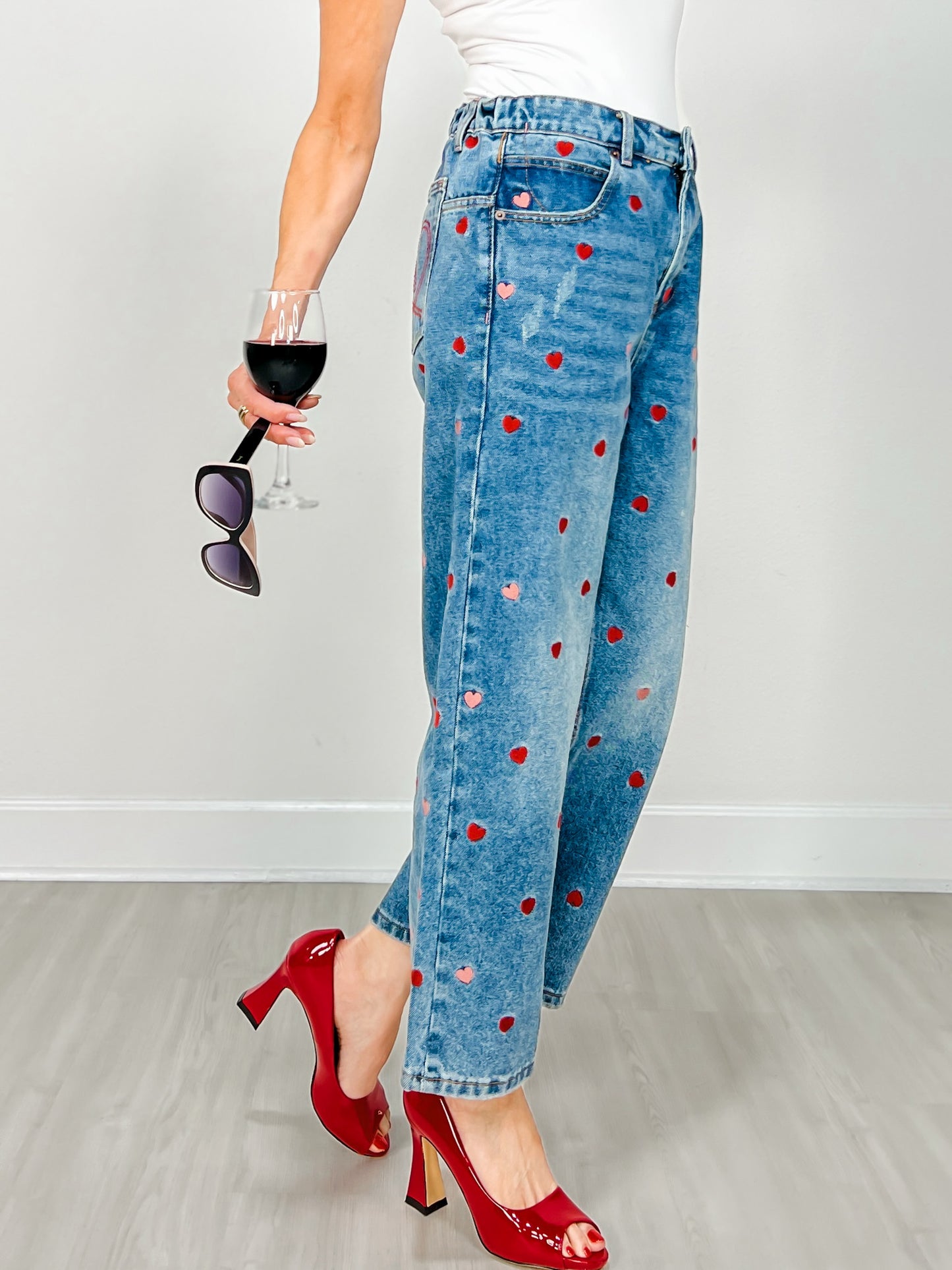 Washed Heart Embroidered Boyfriend Jeans