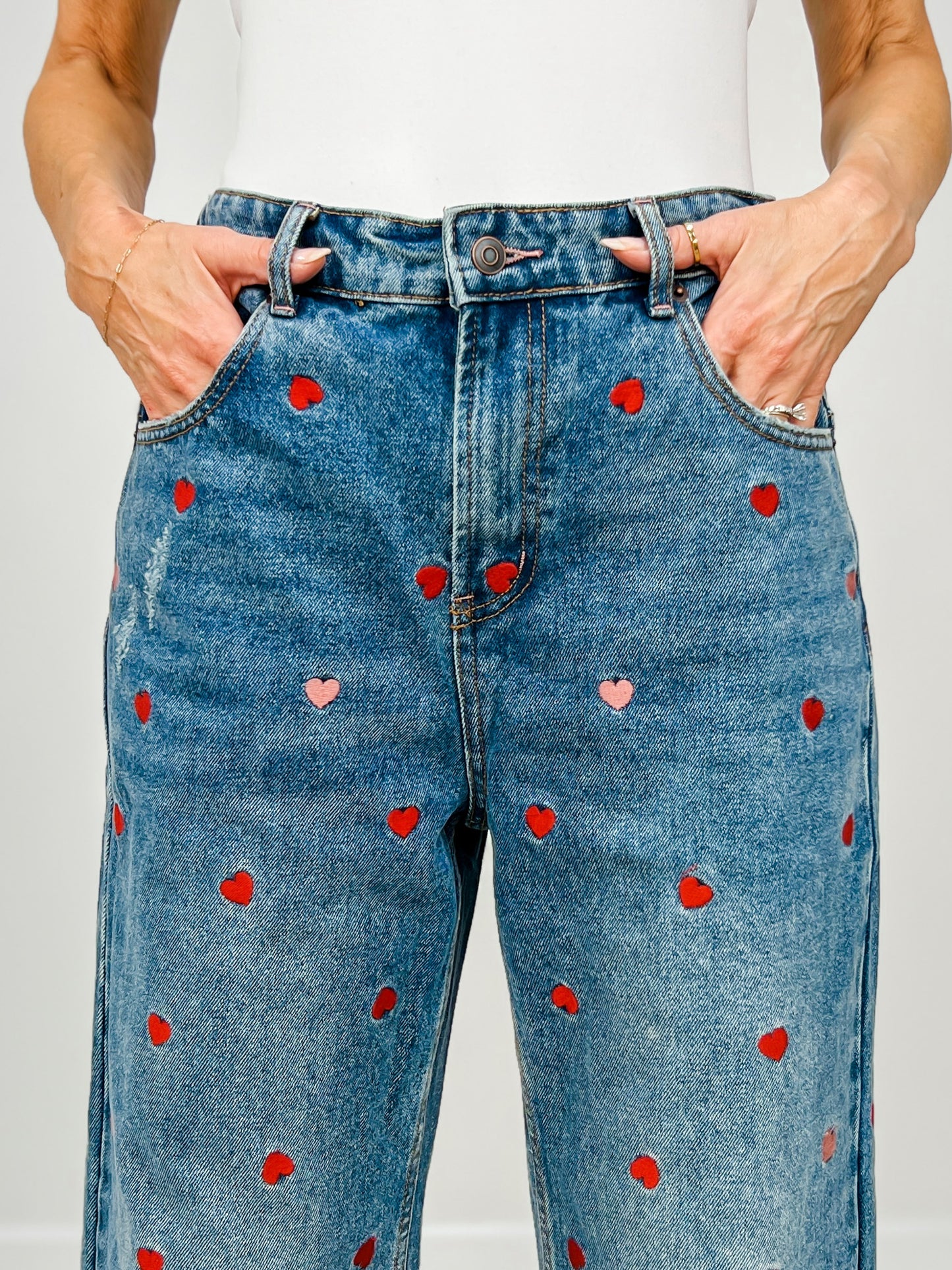 Washed Heart Embroidered Boyfriend Jeans