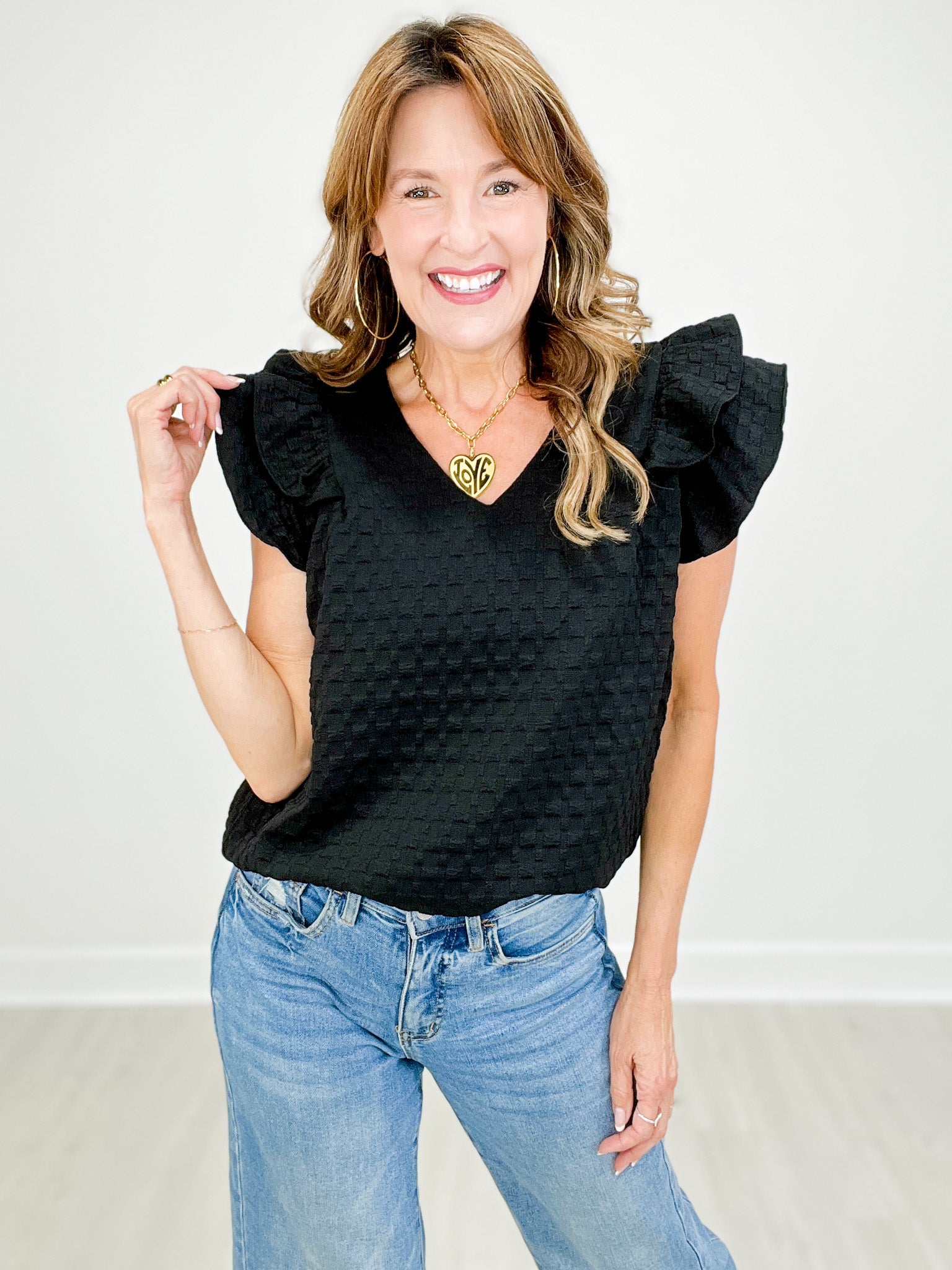 Textured Jacquard V-Neck Ruffled Sleeves Top