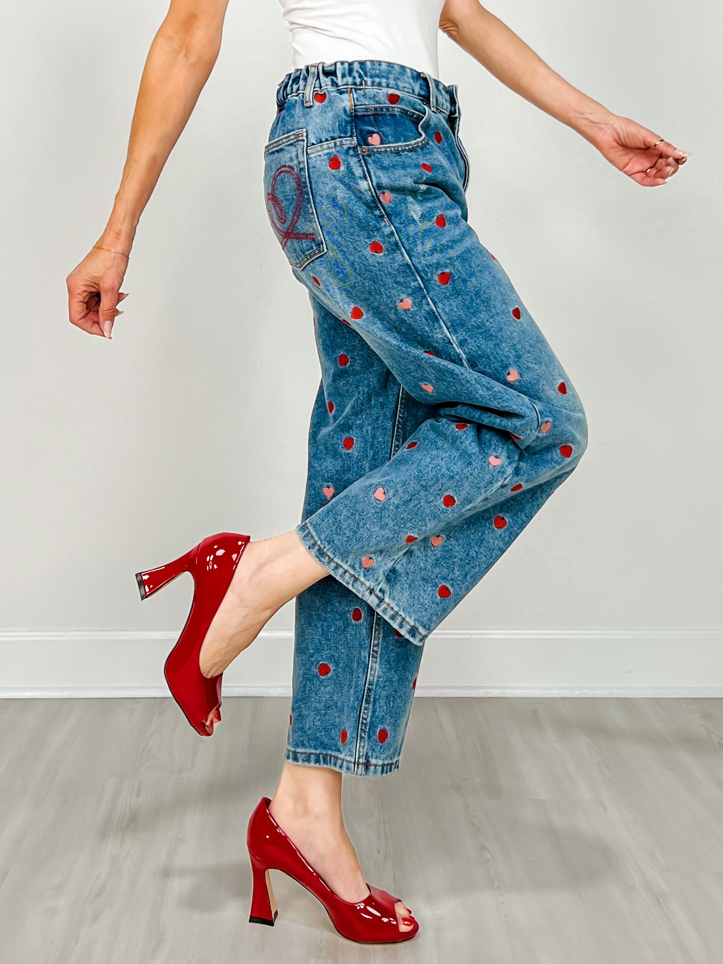 Washed Heart Embroidered Boyfriend Jeans